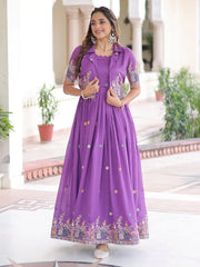 Awesome Purple Embroidered Silk Function Wear Gown With Koti