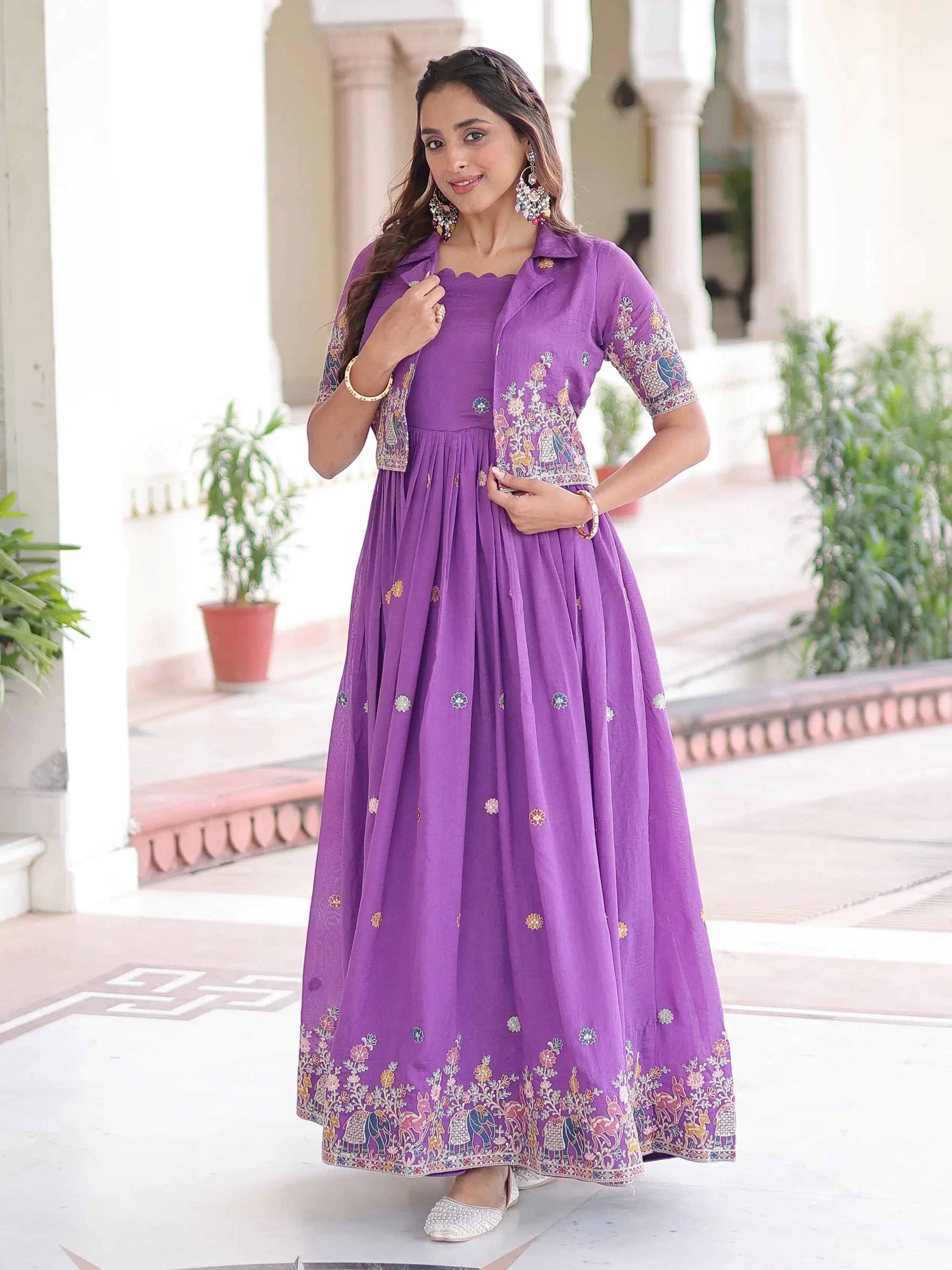 Awesome Purple Embroidered Silk Function Wear Gown With Koti