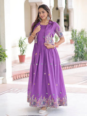 Awesome Purple Embroidered Silk Function Wear Gown With Koti