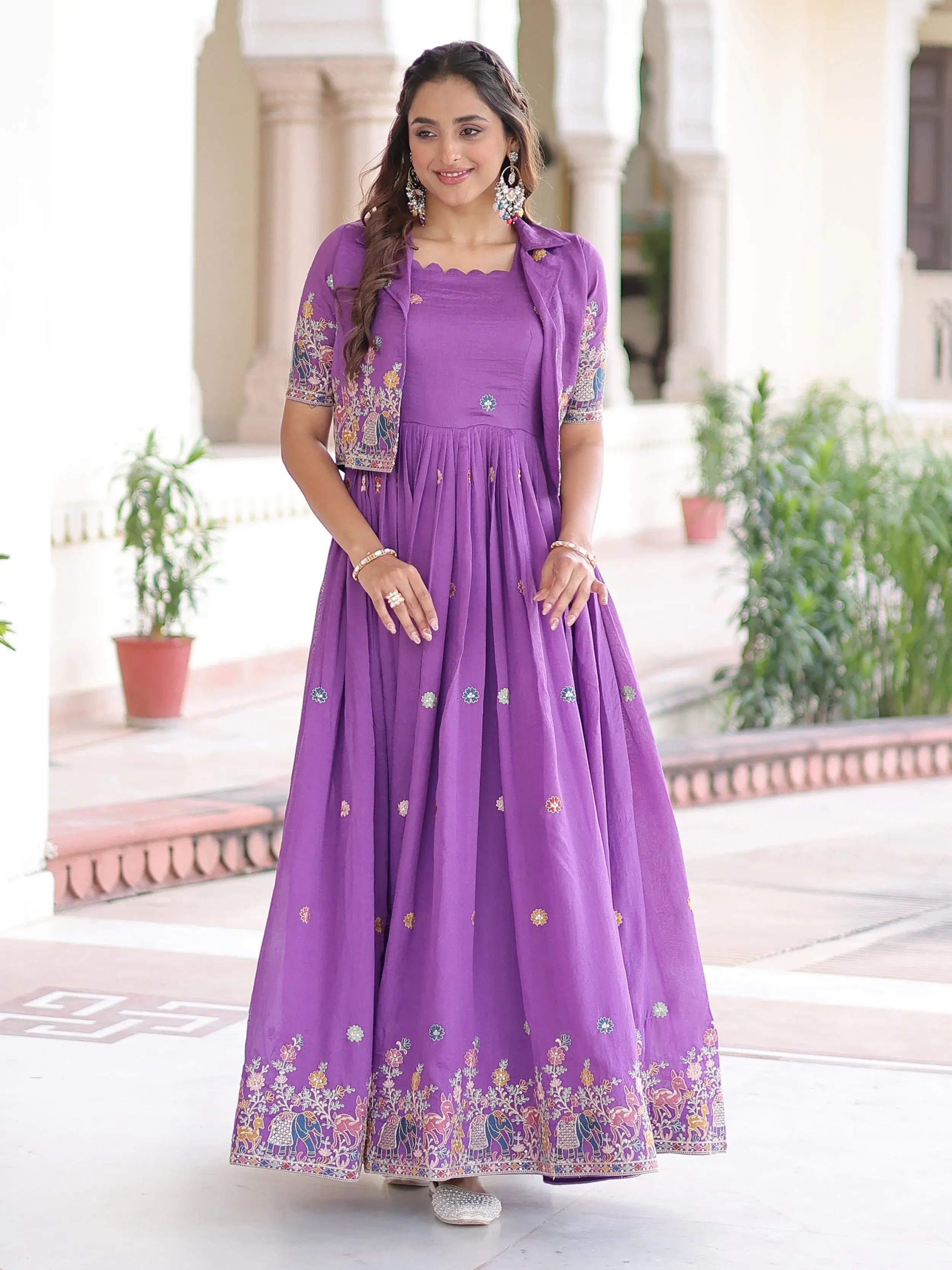 Awesome Purple Embroidered Silk Function Wear Gown With Koti