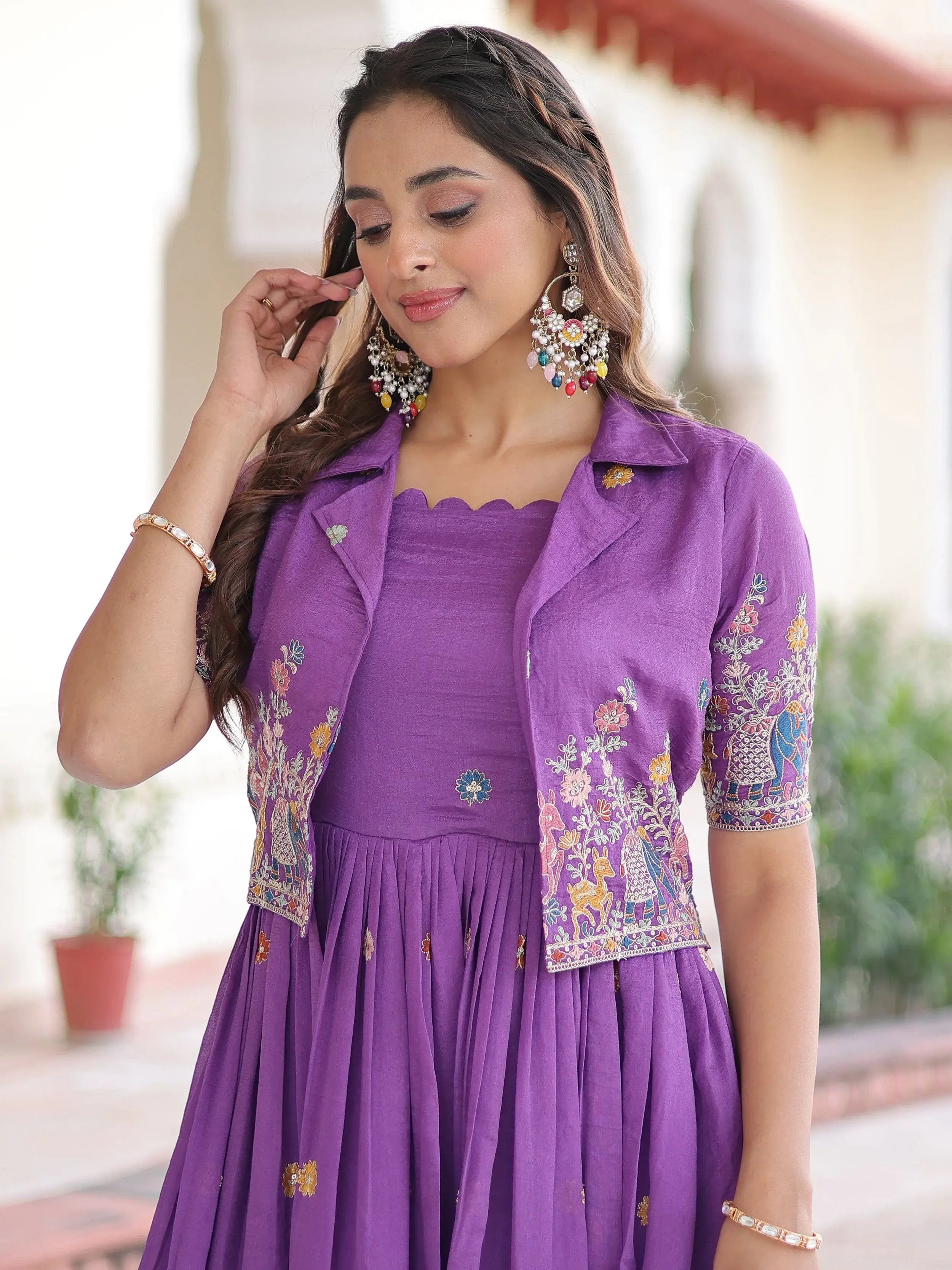 Awesome Purple Embroidered Silk Function Wear Gown With Koti