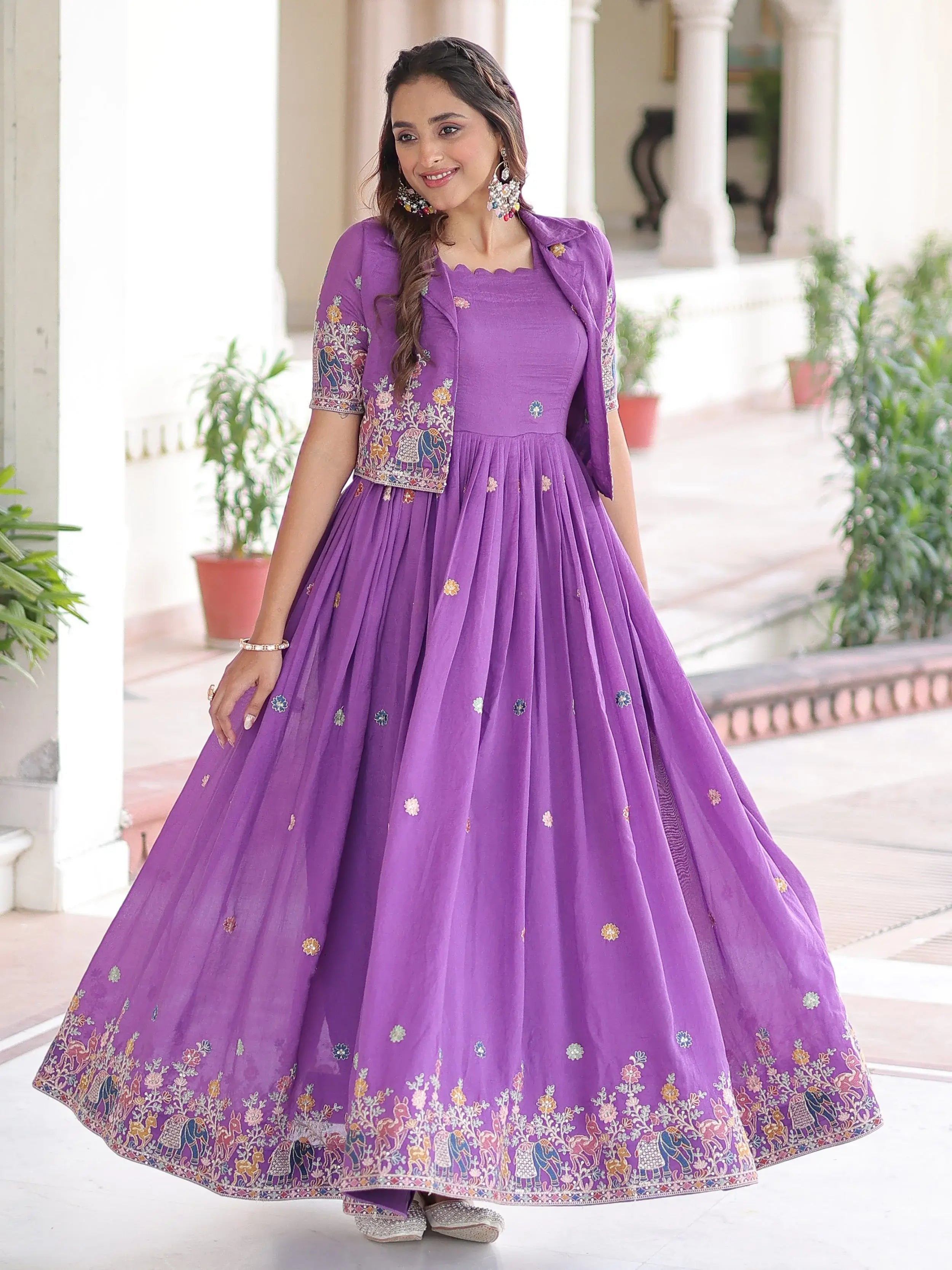 Awesome Purple Embroidered Silk Function Wear Gown With Koti