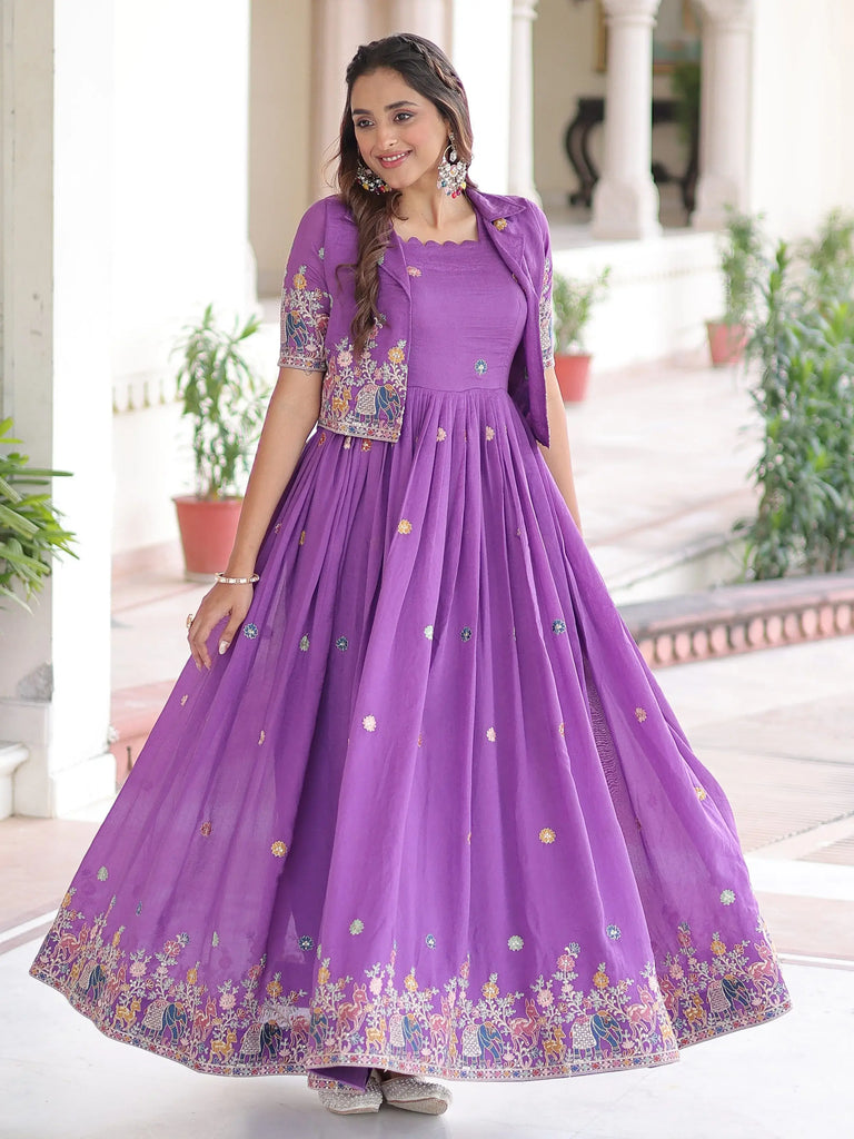Awesome Purple Embroidered Silk Function Wear Gown With Koti