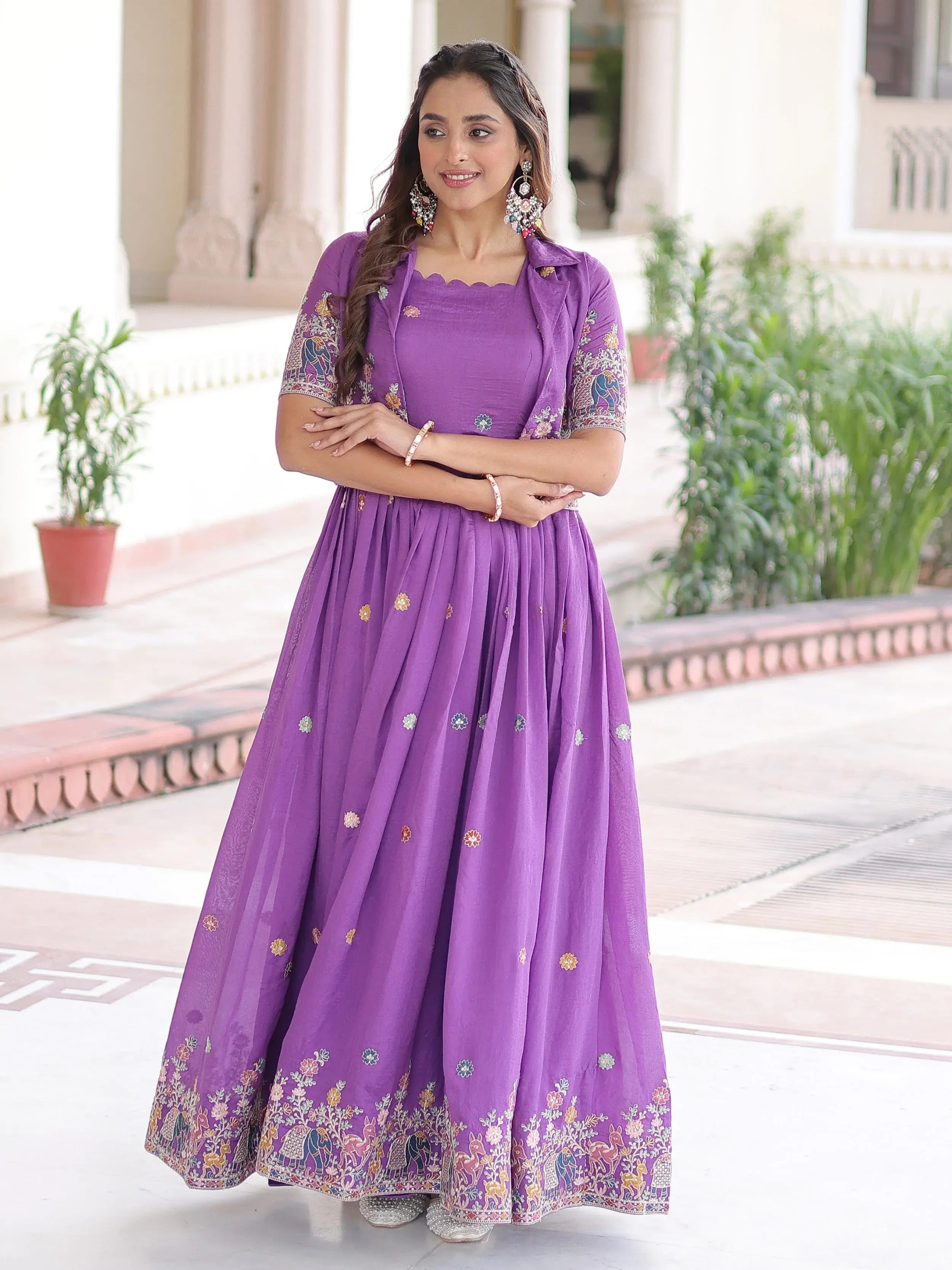 Awesome Purple Embroidered Silk Function Wear Gown With Koti