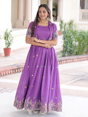 Awesome Purple Embroidered Silk Function Wear Gown With Koti