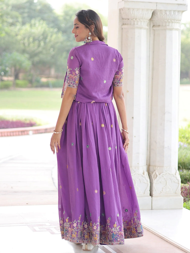 Awesome Purple Embroidered Silk Function Wear Gown With Koti