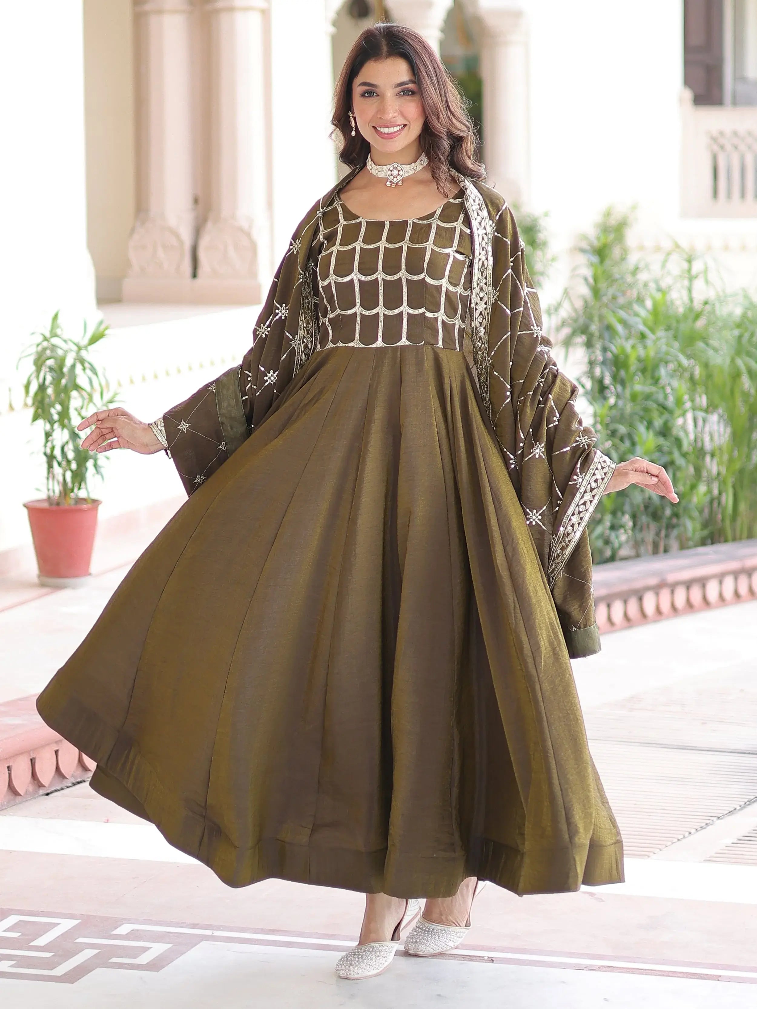 Dazzling Green Zari Embroidered Silk Festival Wear Gown With Dupatta