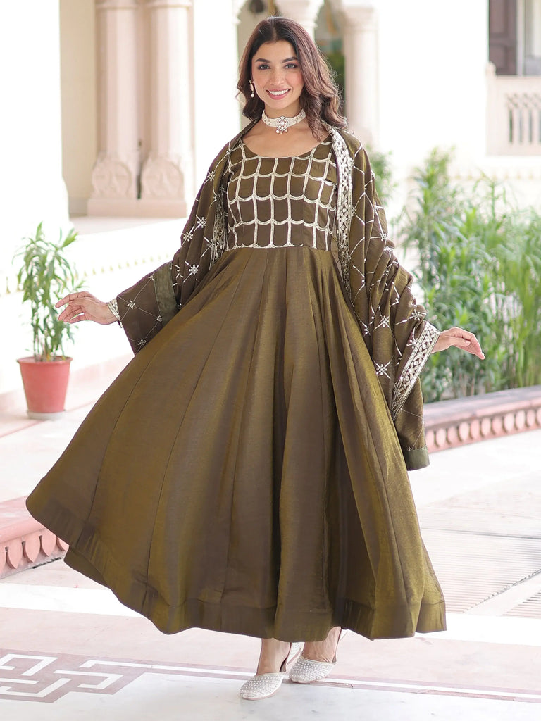 Dazzling Green Zari Embroidered Silk Festival Wear Gown With Dupatta