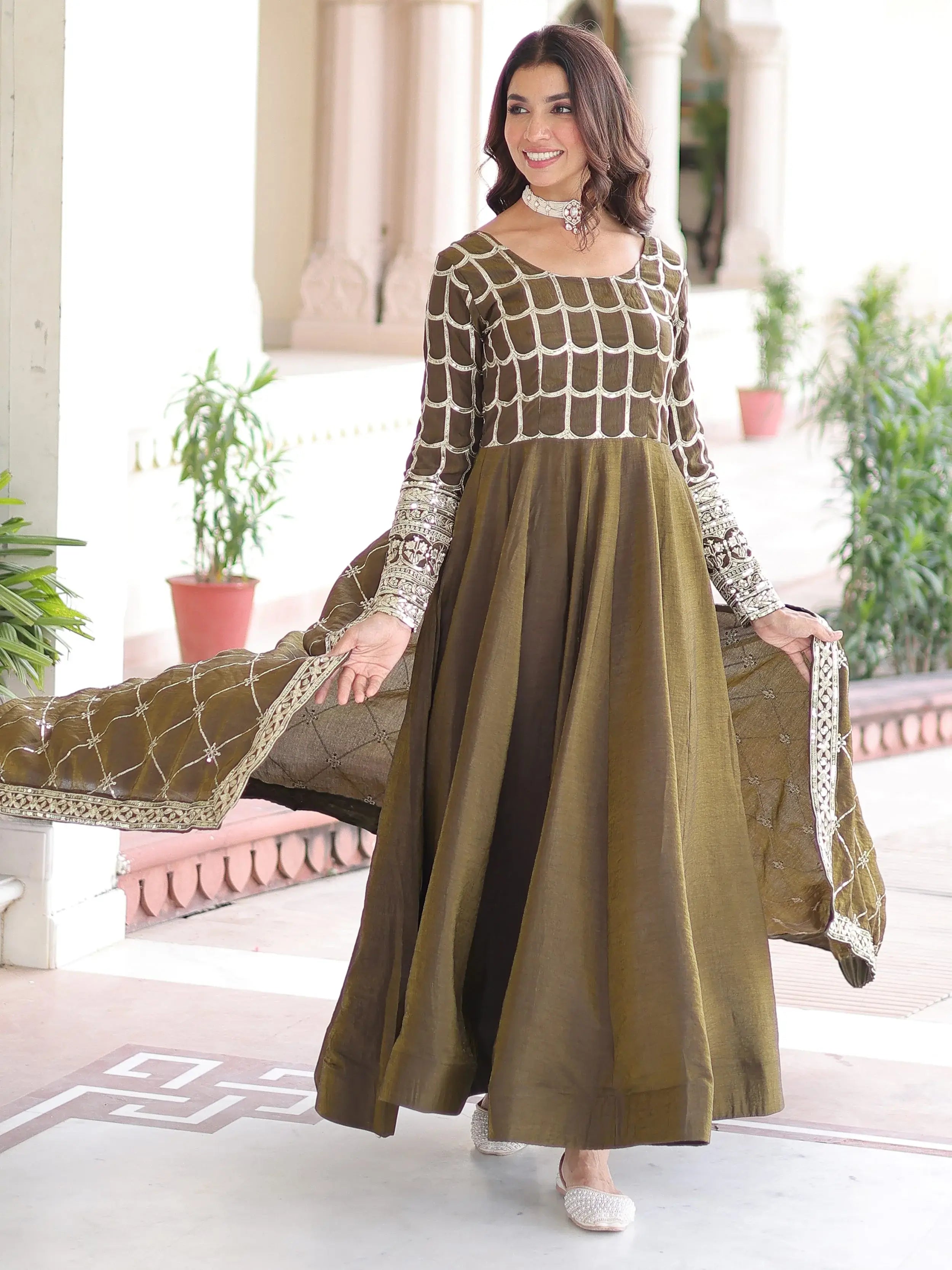 Dazzling Green Zari Embroidered Silk Festival Wear Gown With Dupatta