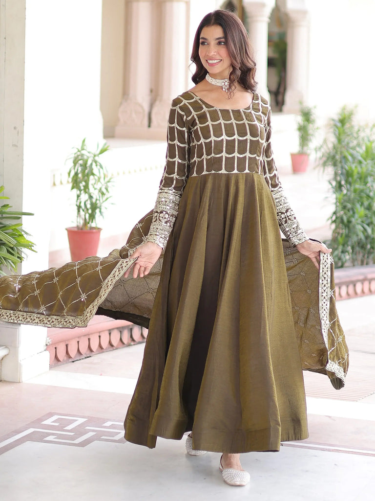 Dazzling Green Zari Embroidered Silk Festival Wear Gown With Dupatta