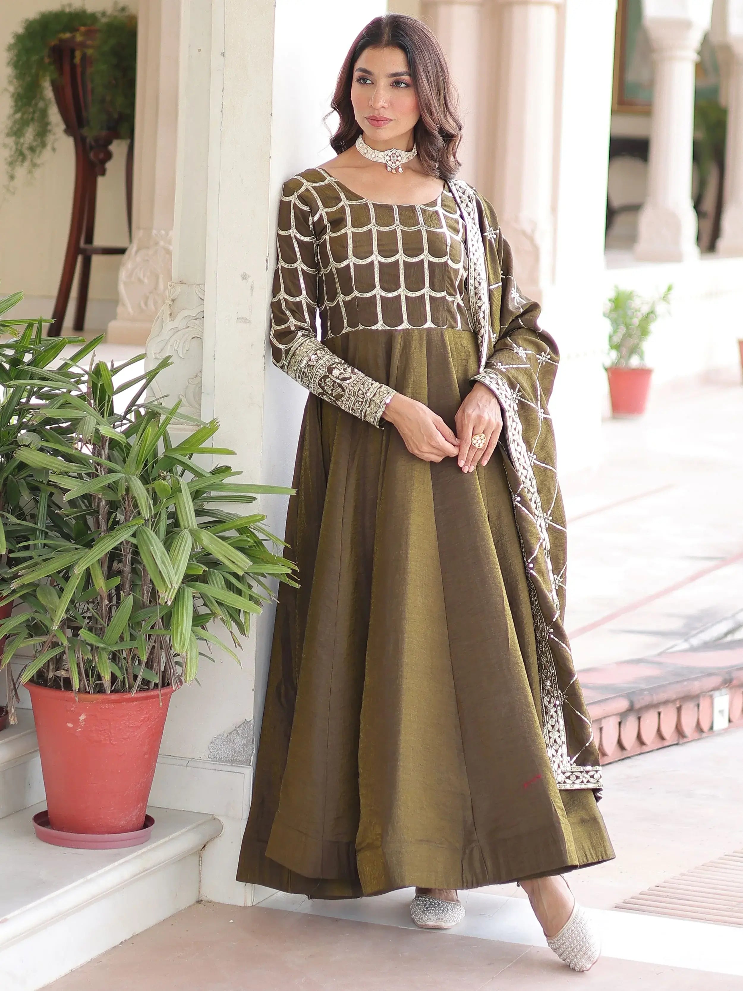 Dazzling Green Zari Embroidered Silk Festival Wear Gown With Dupatta