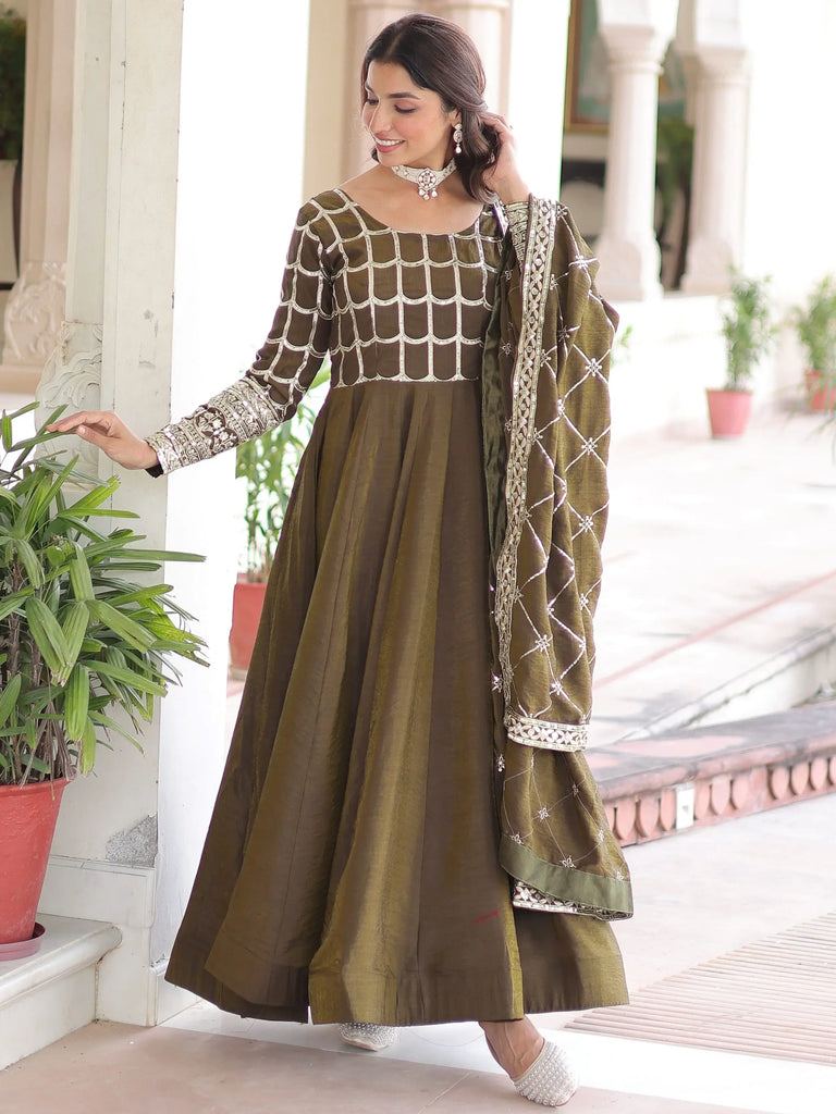 Dazzling Green Zari Embroidered Silk Festival Wear Gown With Dupatta