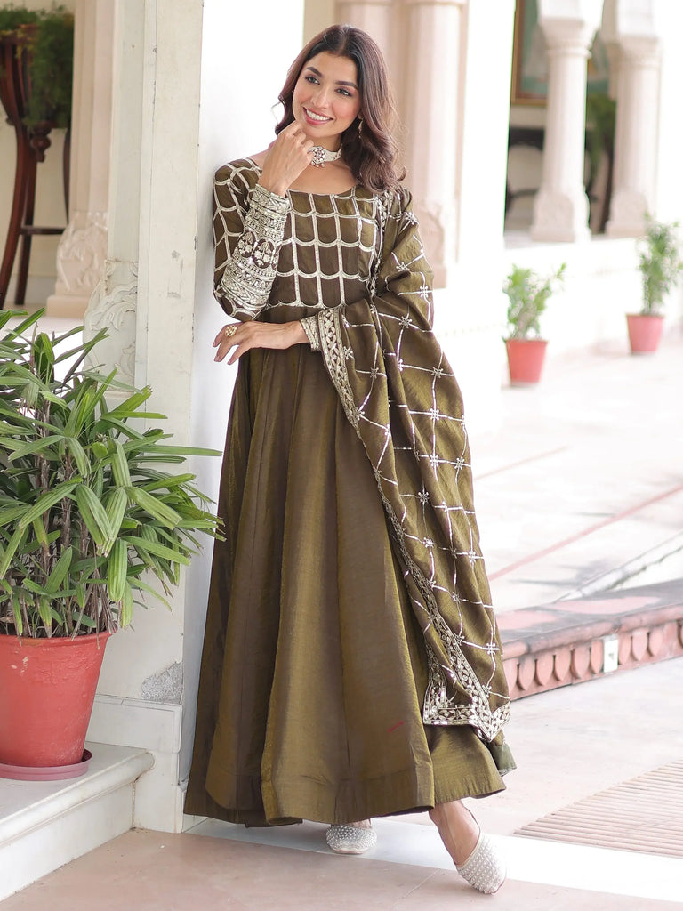 Dazzling Green Zari Embroidered Silk Festival Wear Gown With Dupatta