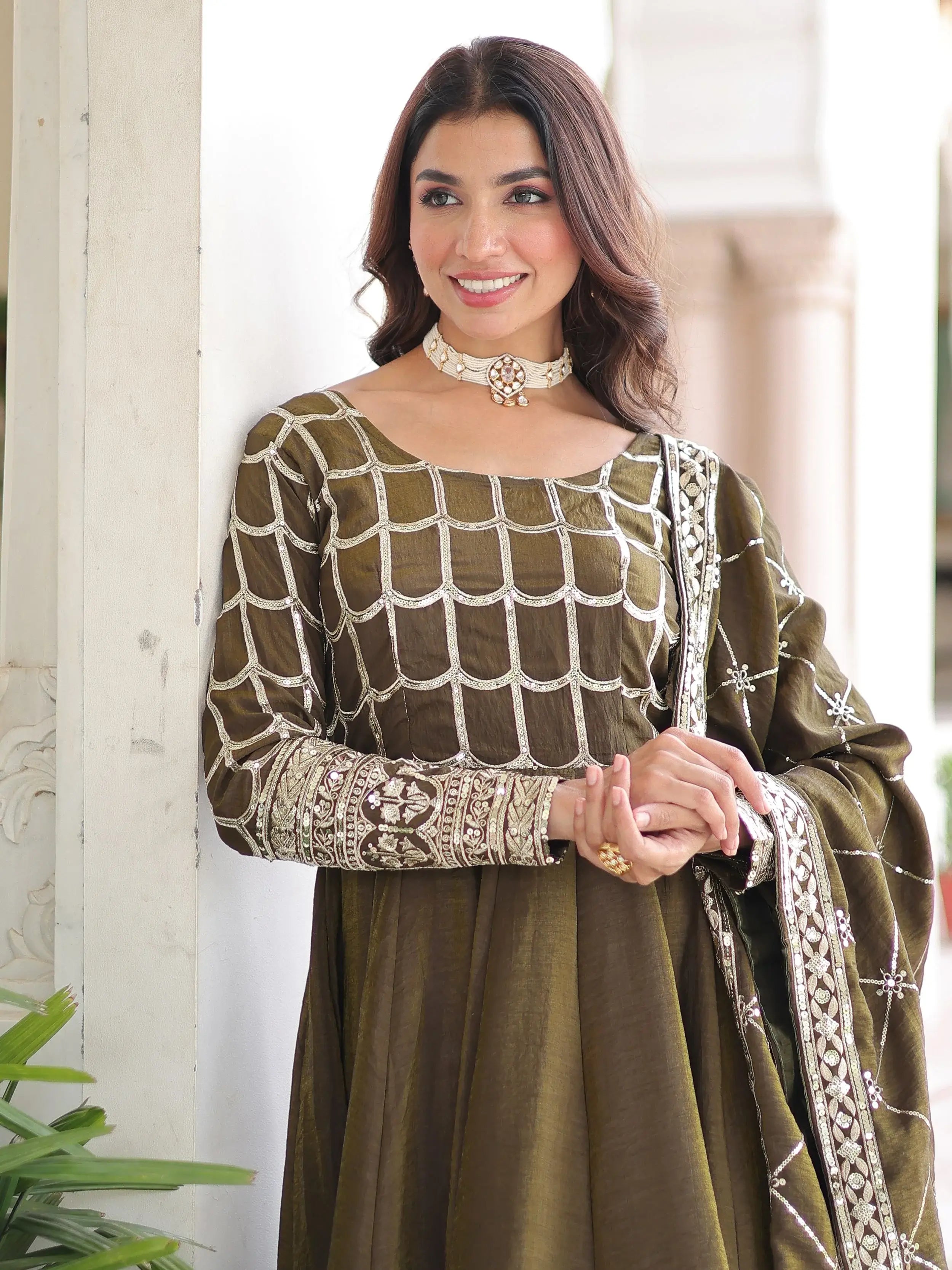 Dazzling Green Zari Embroidered Silk Festival Wear Gown With Dupatta