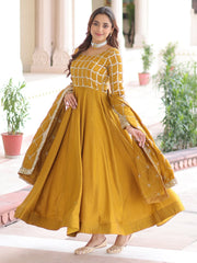 Stunning Mustard Sequins Silk Festival Wear Gown With Dupatta