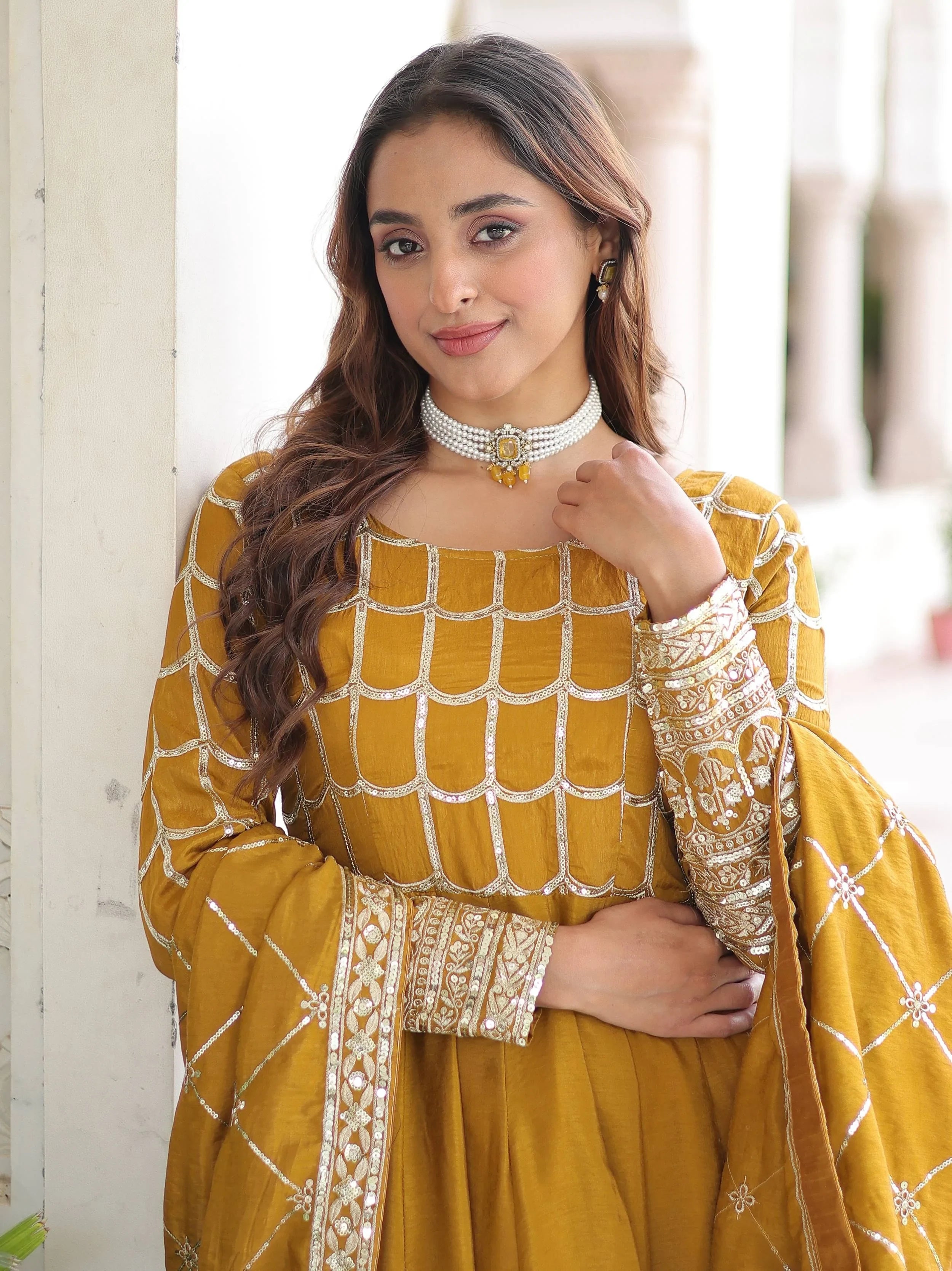 Stunning Mustard Sequins Silk Festival Wear Gown With Dupatta