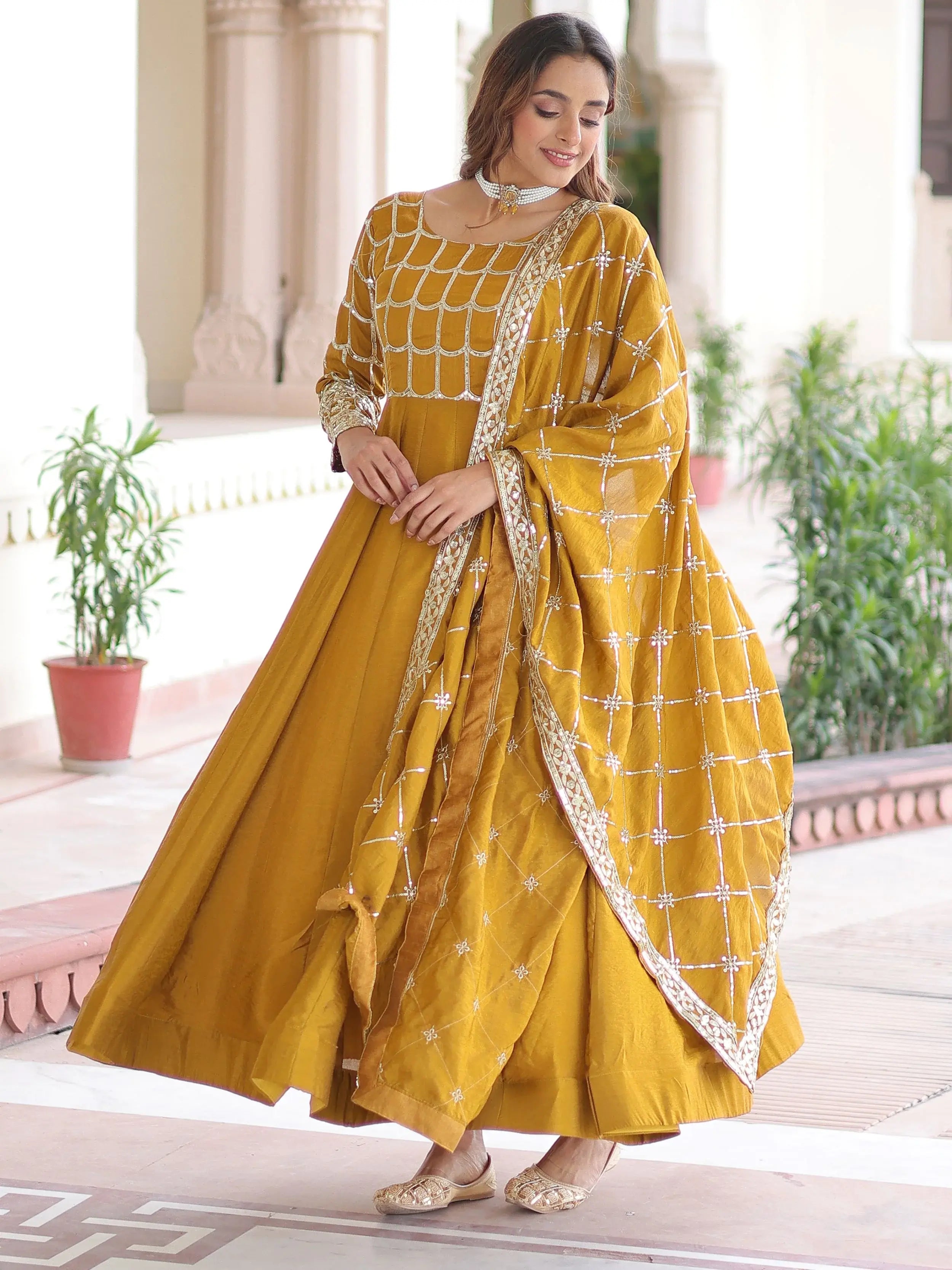 Stunning Mustard Sequins Silk Festival Wear Gown With Dupatta