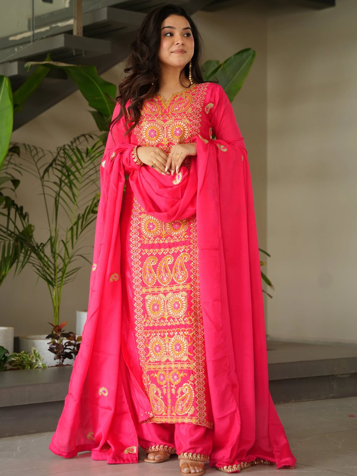 Impressive Pink Embroidered Chinon Festival Wear Salwar Kameez