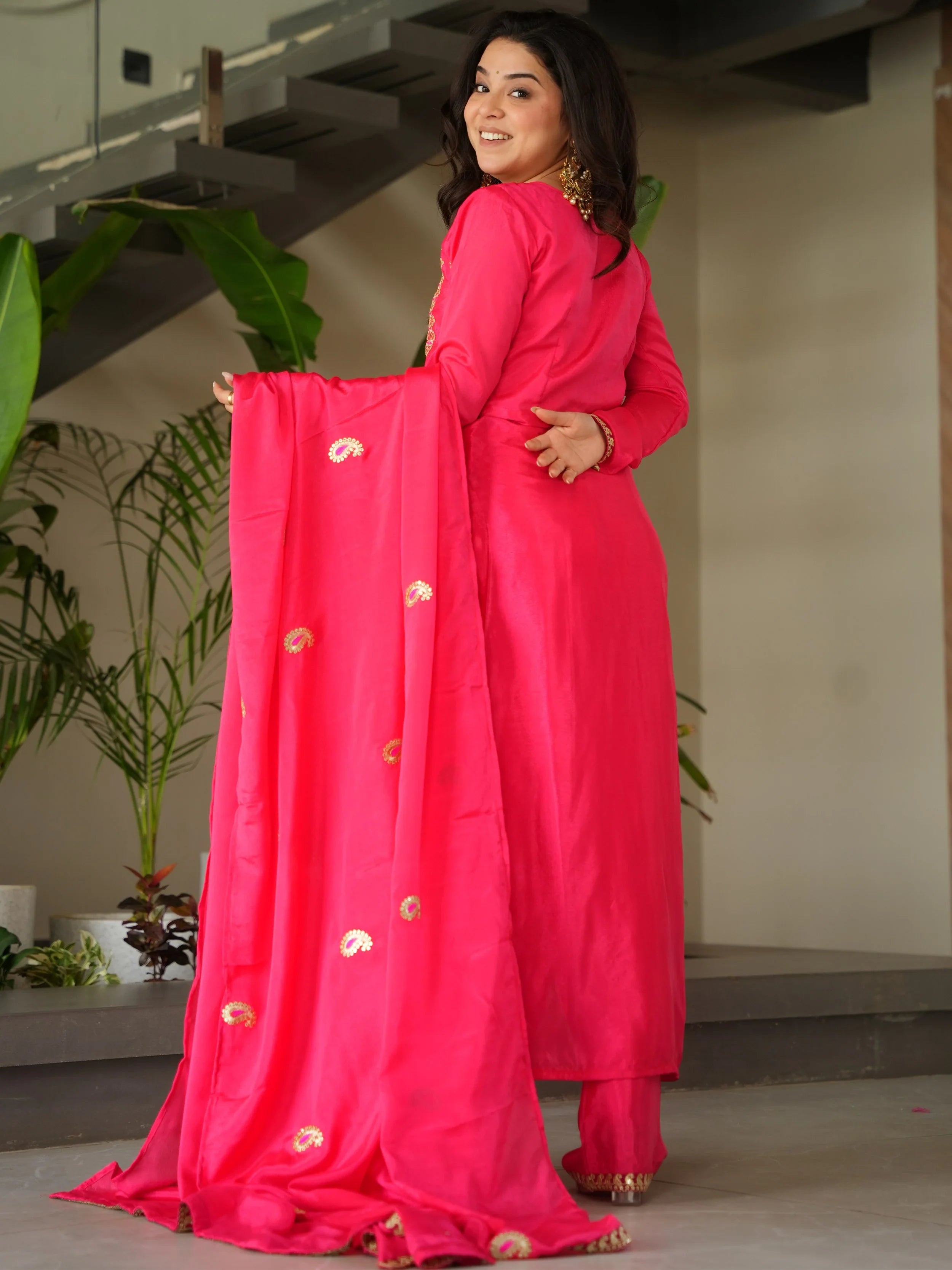 Impressive Pink Embroidered Chinon Festival Wear Salwar Kameez