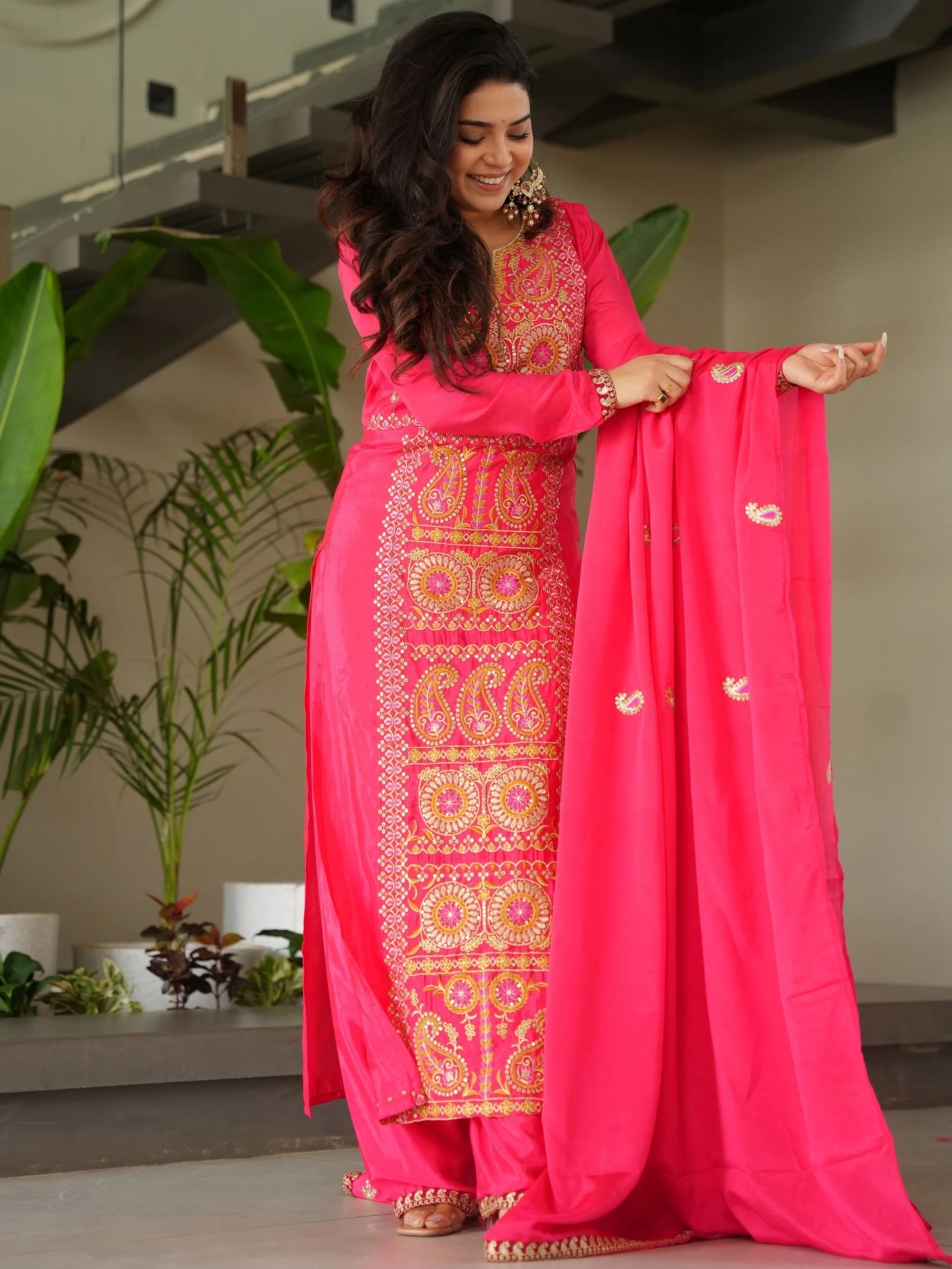 Impressive Pink Embroidered Chinon Festival Wear Salwar Kameez