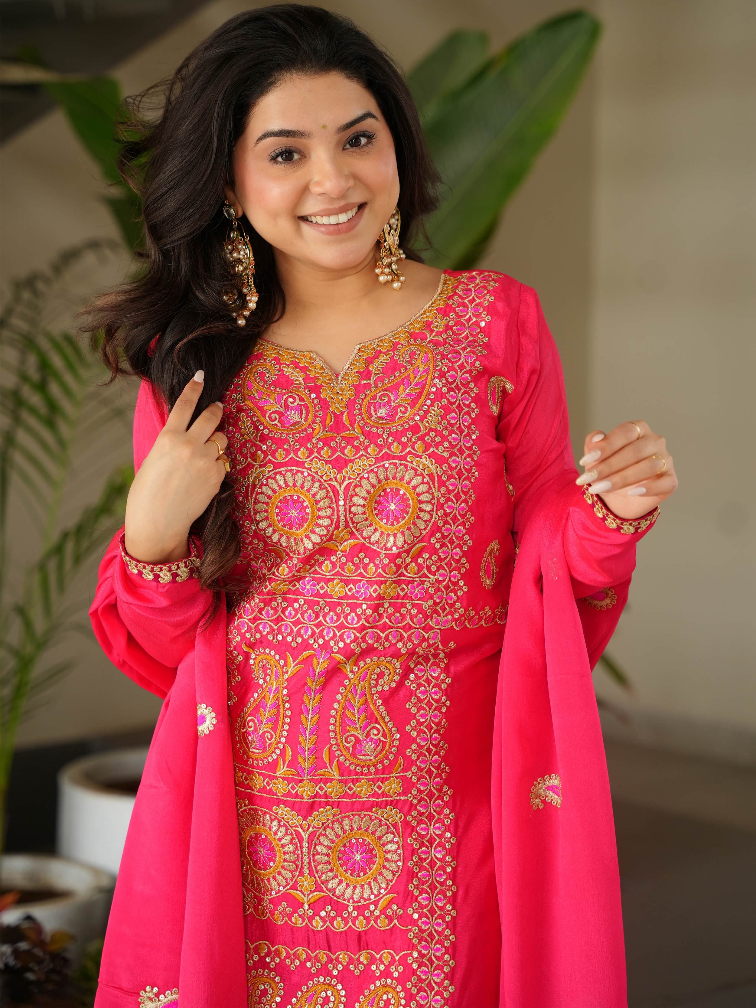 Impressive Pink Embroidered Chinon Festival Wear Salwar Kameez