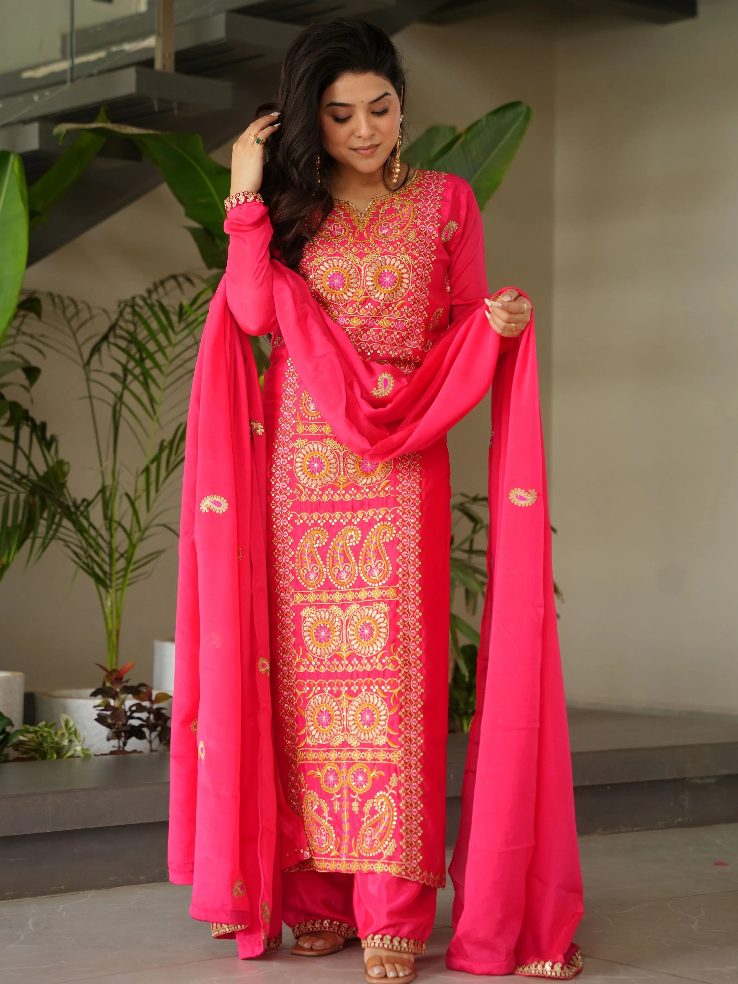 Impressive Pink Embroidered Chinon Festival Wear Salwar Kameez