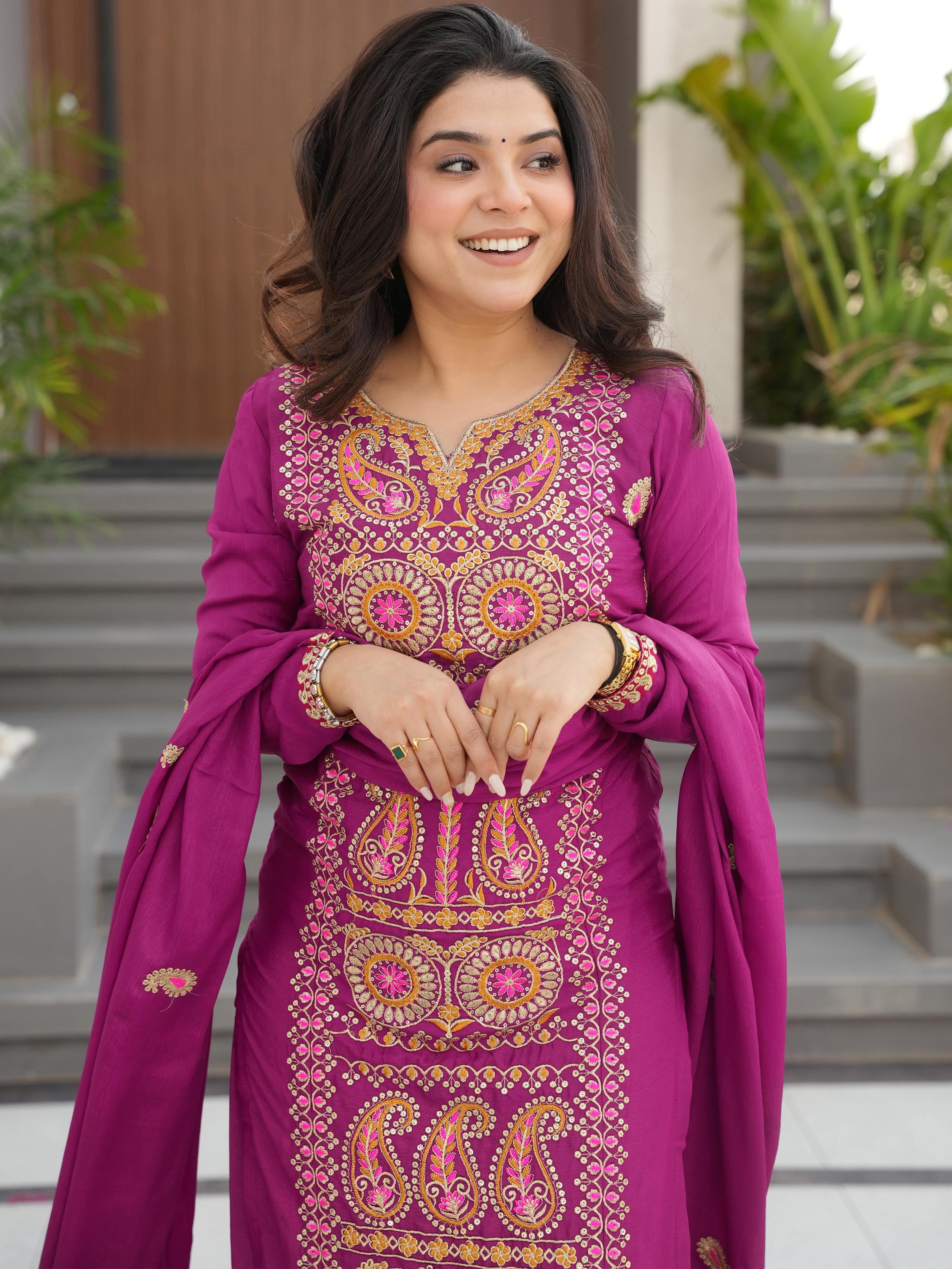 Attractive Purple Embroidered Chinon Function Wear Salwar Kameez