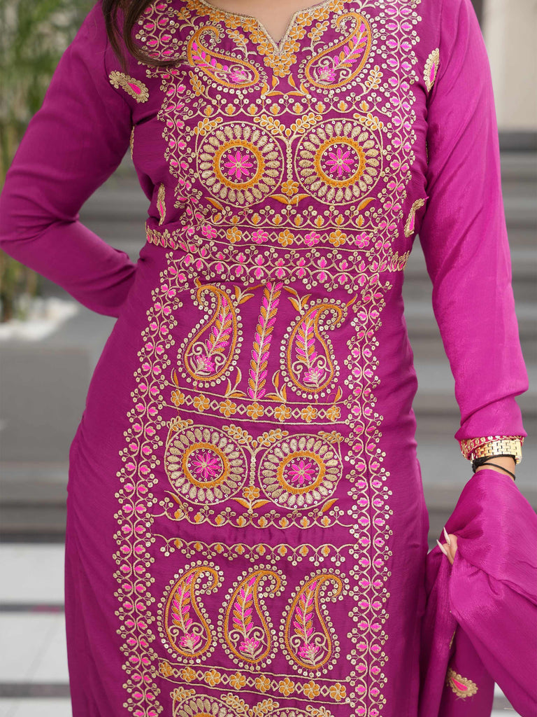 Attractive Purple Embroidered Chinon Function Wear Salwar Kameez