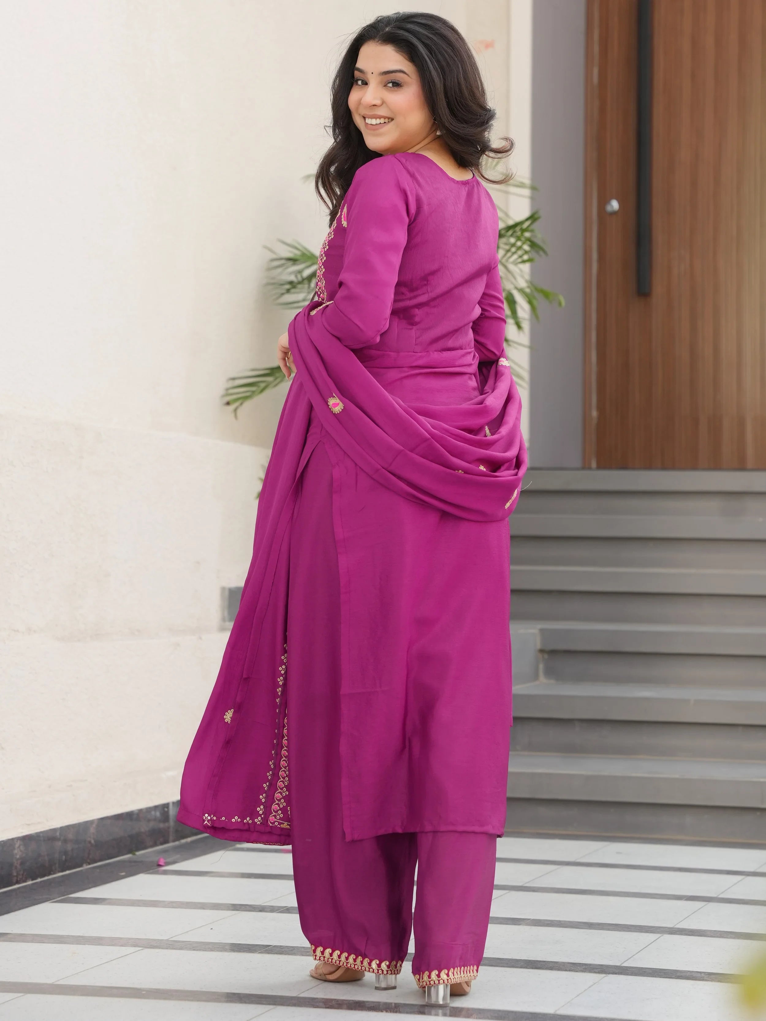 Attractive Purple Embroidered Chinon Function Wear Salwar Kameez