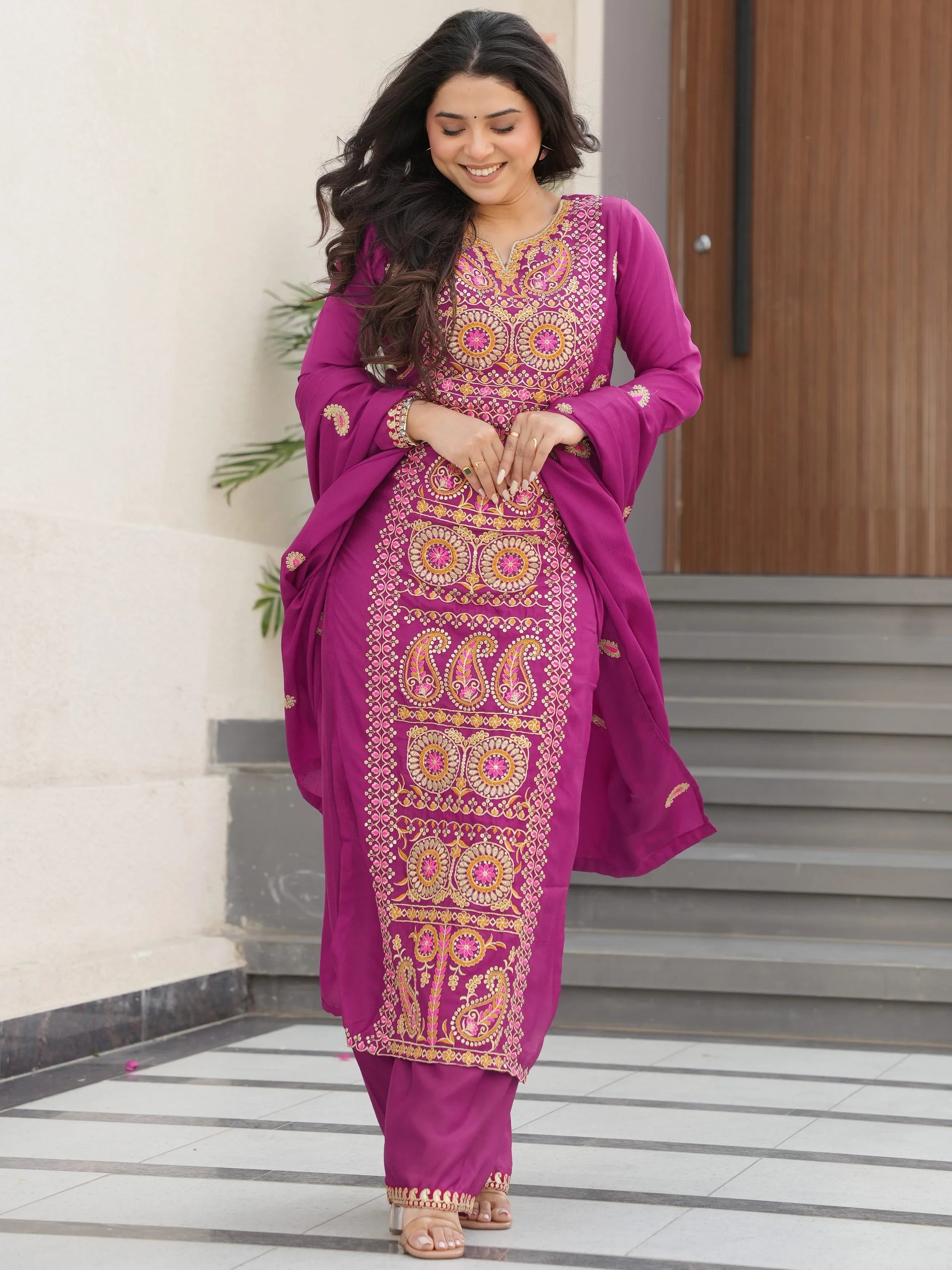 Attractive Purple Embroidered Chinon Function Wear Salwar Kameez