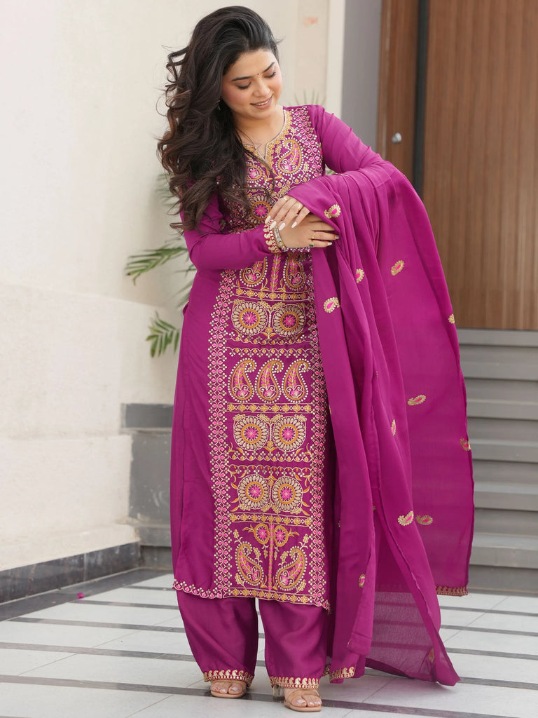 Attractive Purple Embroidered Chinon Function Wear Salwar Kameez
