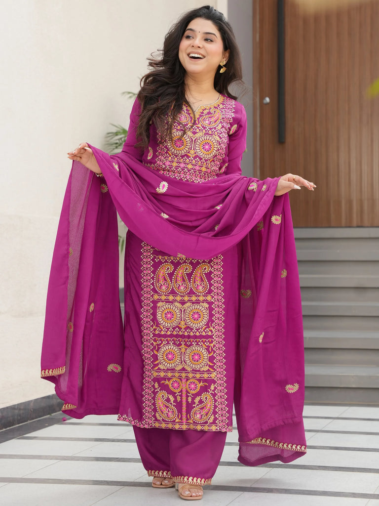 Attractive Purple Embroidered Chinon Function Wear Salwar Kameez