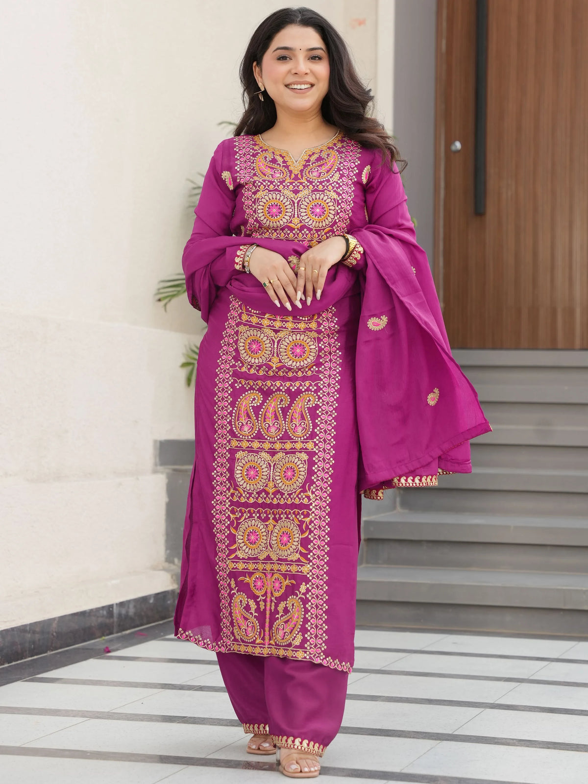 Attractive Purple Embroidered Chinon Function Wear Salwar Kameez