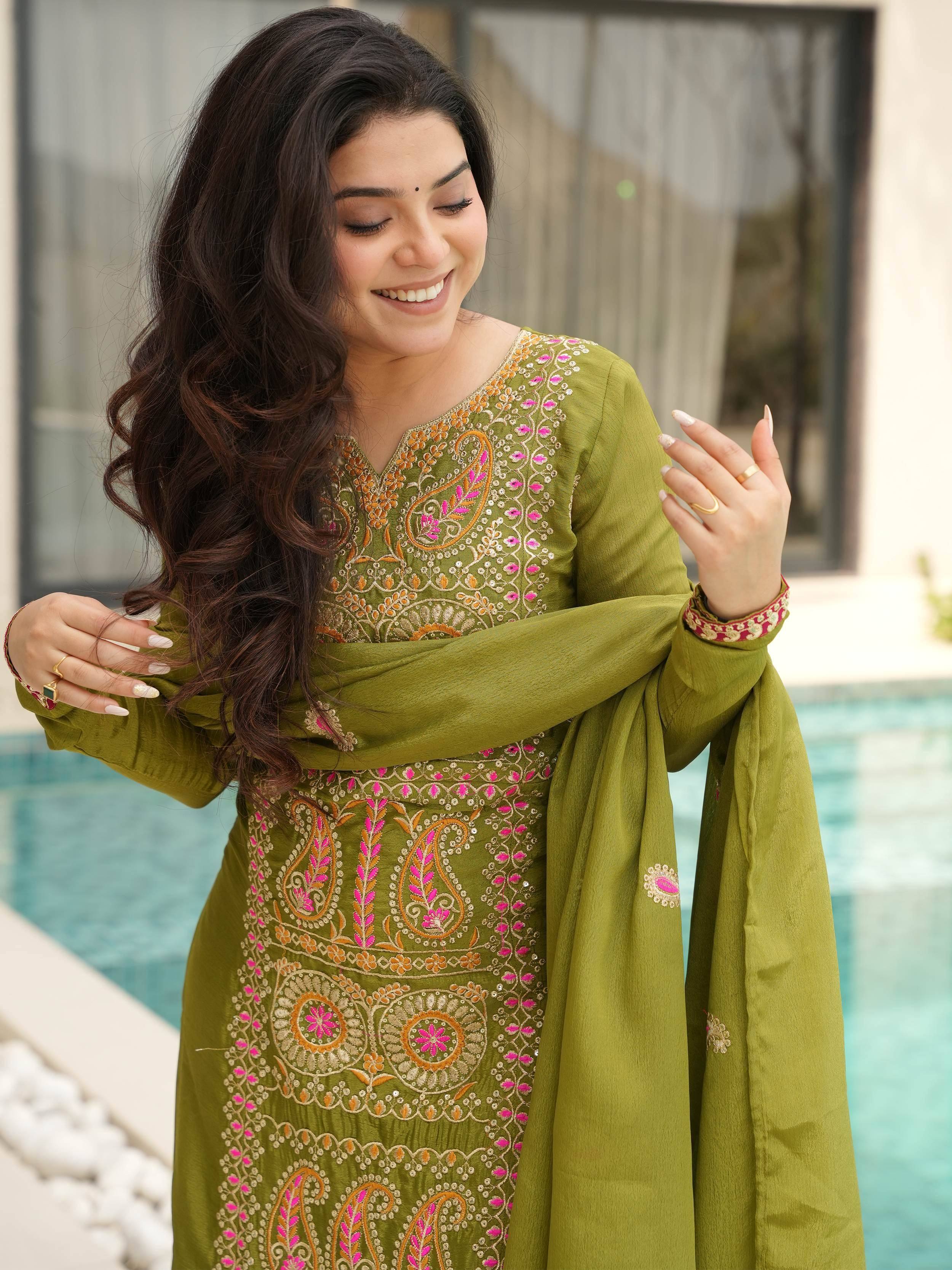 Awesome Green Embroidered Chinon Festival Wear Salwar Kameez