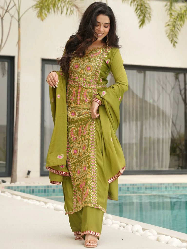 Awesome Green Embroidered Chinon Festival Wear Salwar Kameez
