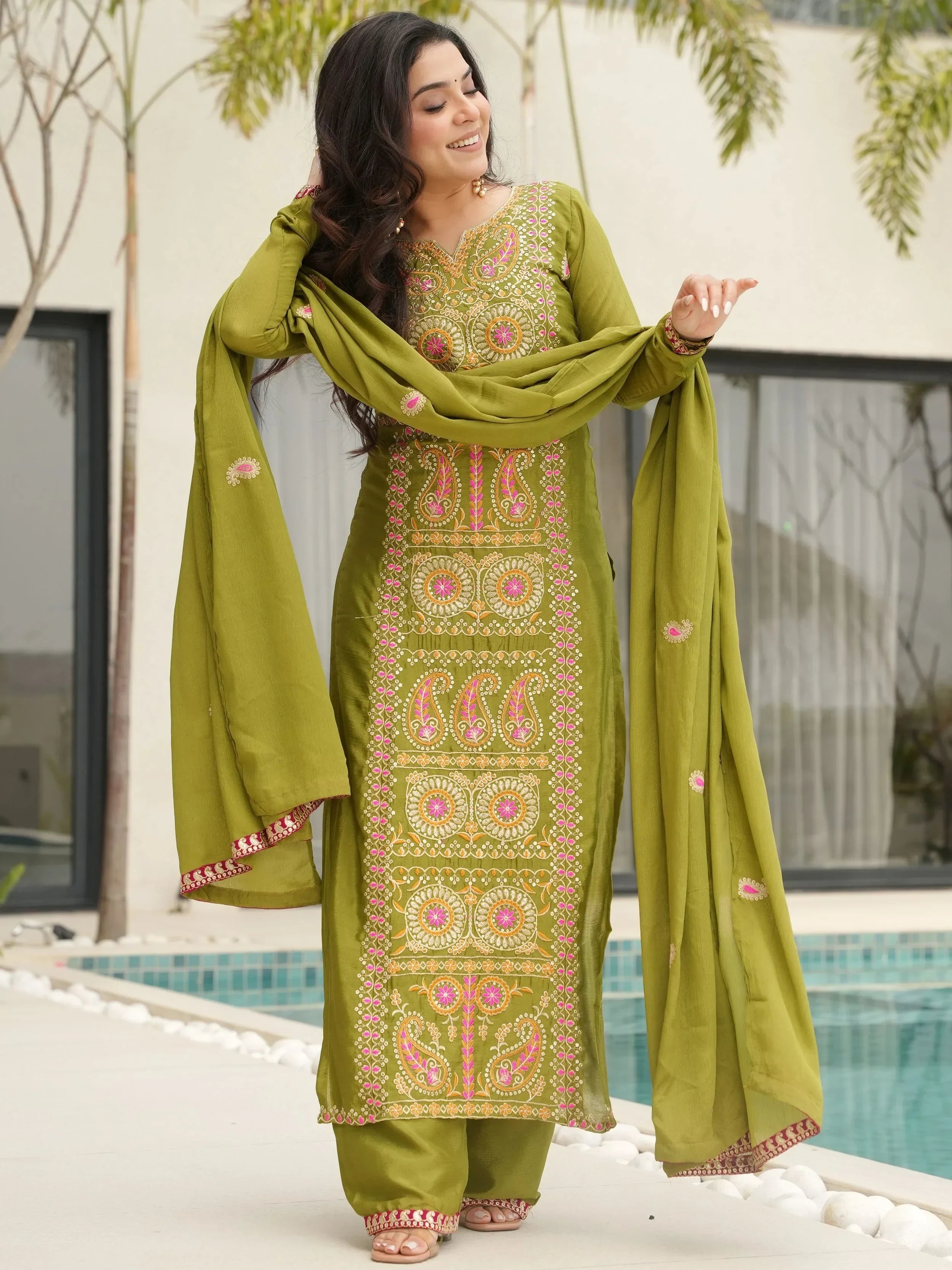 Awesome Green Embroidered Chinon Festival Wear Salwar Kameez