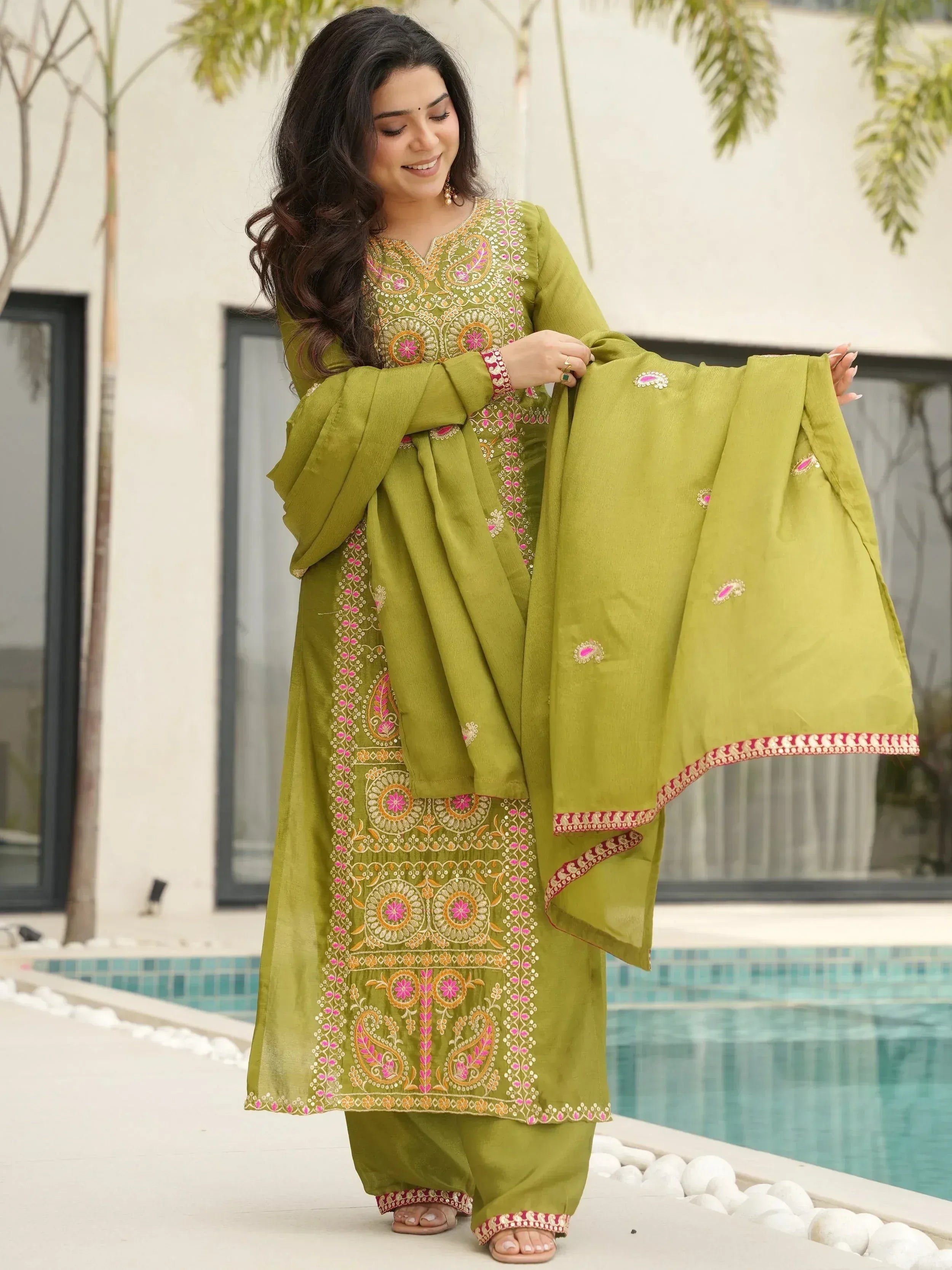 Awesome Green Embroidered Chinon Festival Wear Salwar Kameez