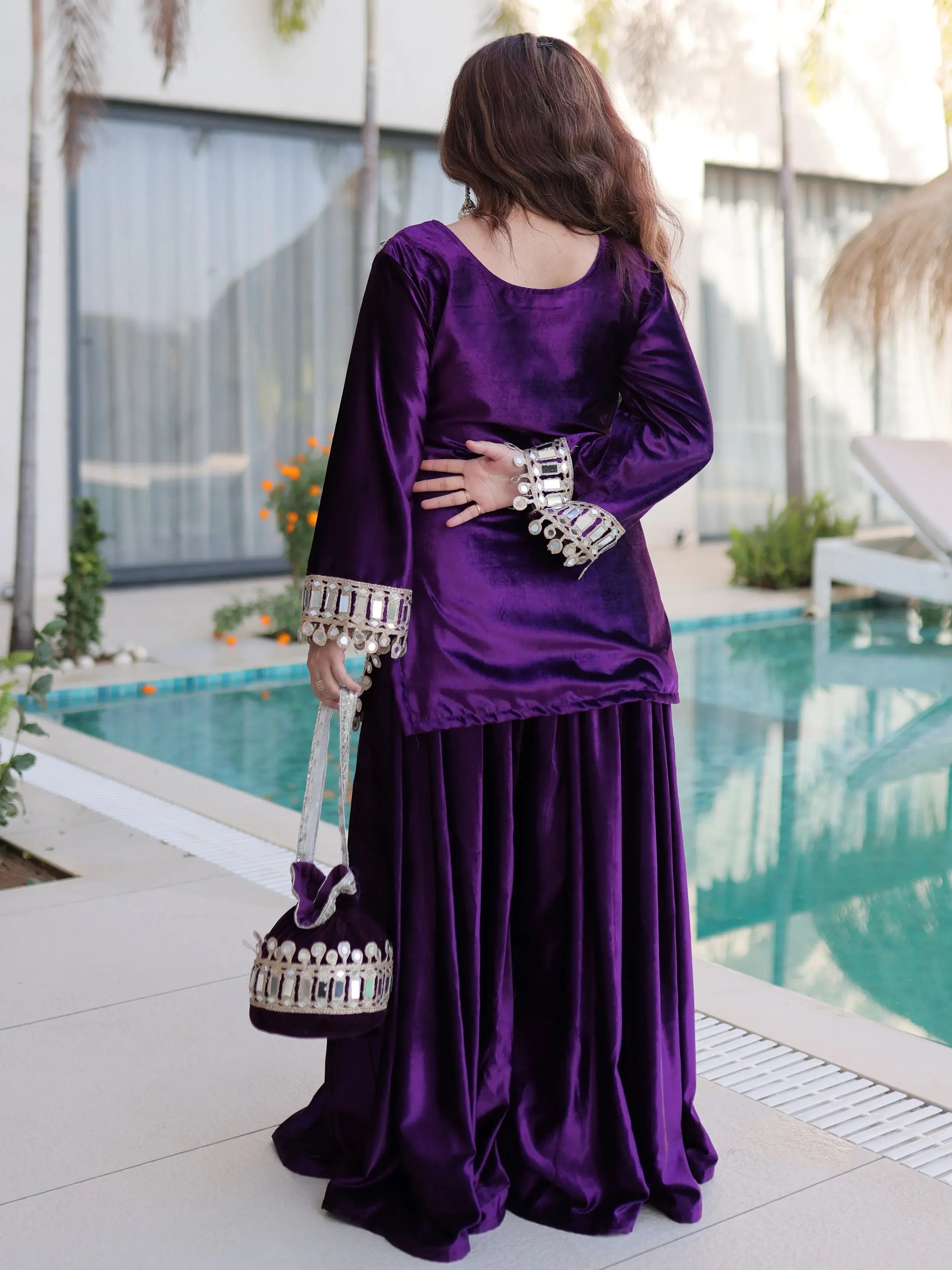 Alluring Purple Zari Embroidered Velvet Festival Wear Top With Palazzo