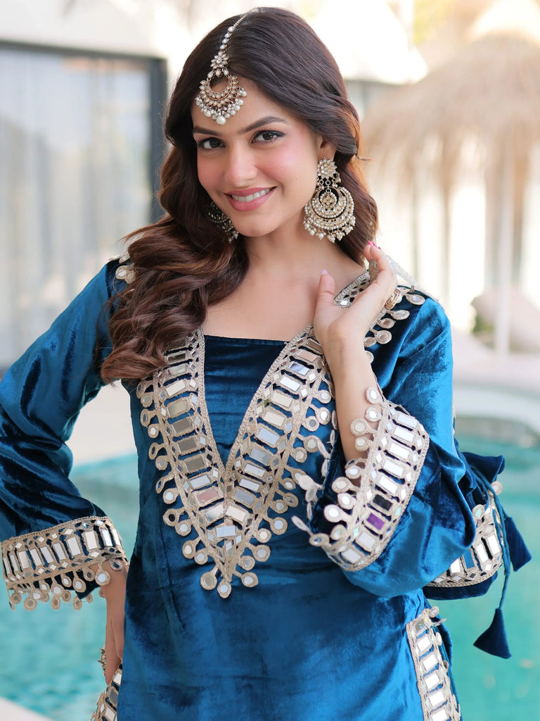 Amazing Blue Mirror Work Velvet Wedding Wear Top With Palazzo 