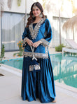 Amazing Blue Mirror Work Velvet Wedding Wear Top With Palazzo 