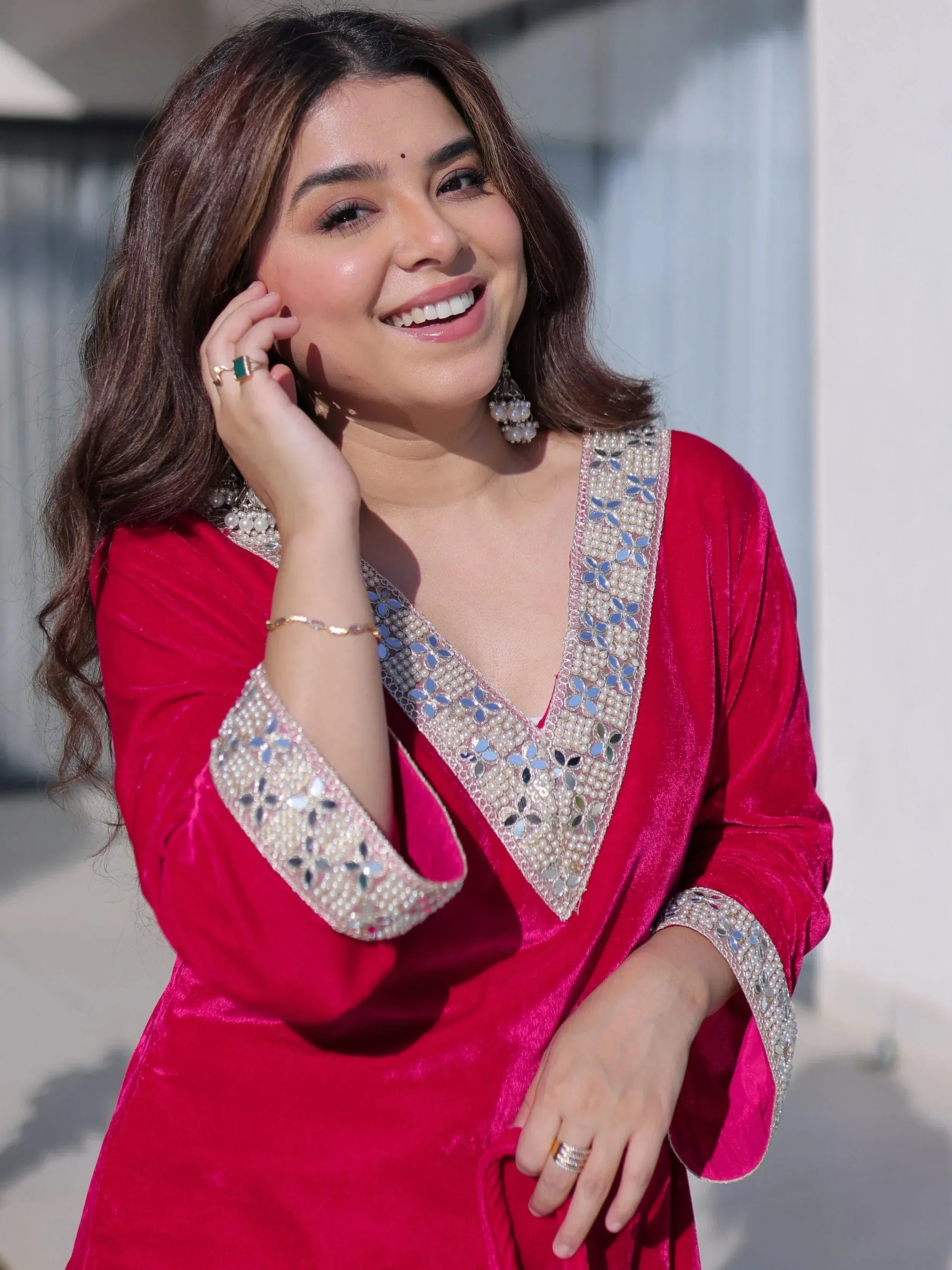 Impressive Pink Zari Embroidered Velvet Festival Wear Salwar Kameez