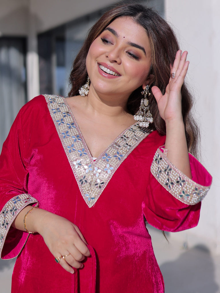 Impressive Pink Zari Embroidered Velvet Festival Wear Salwar Kameez