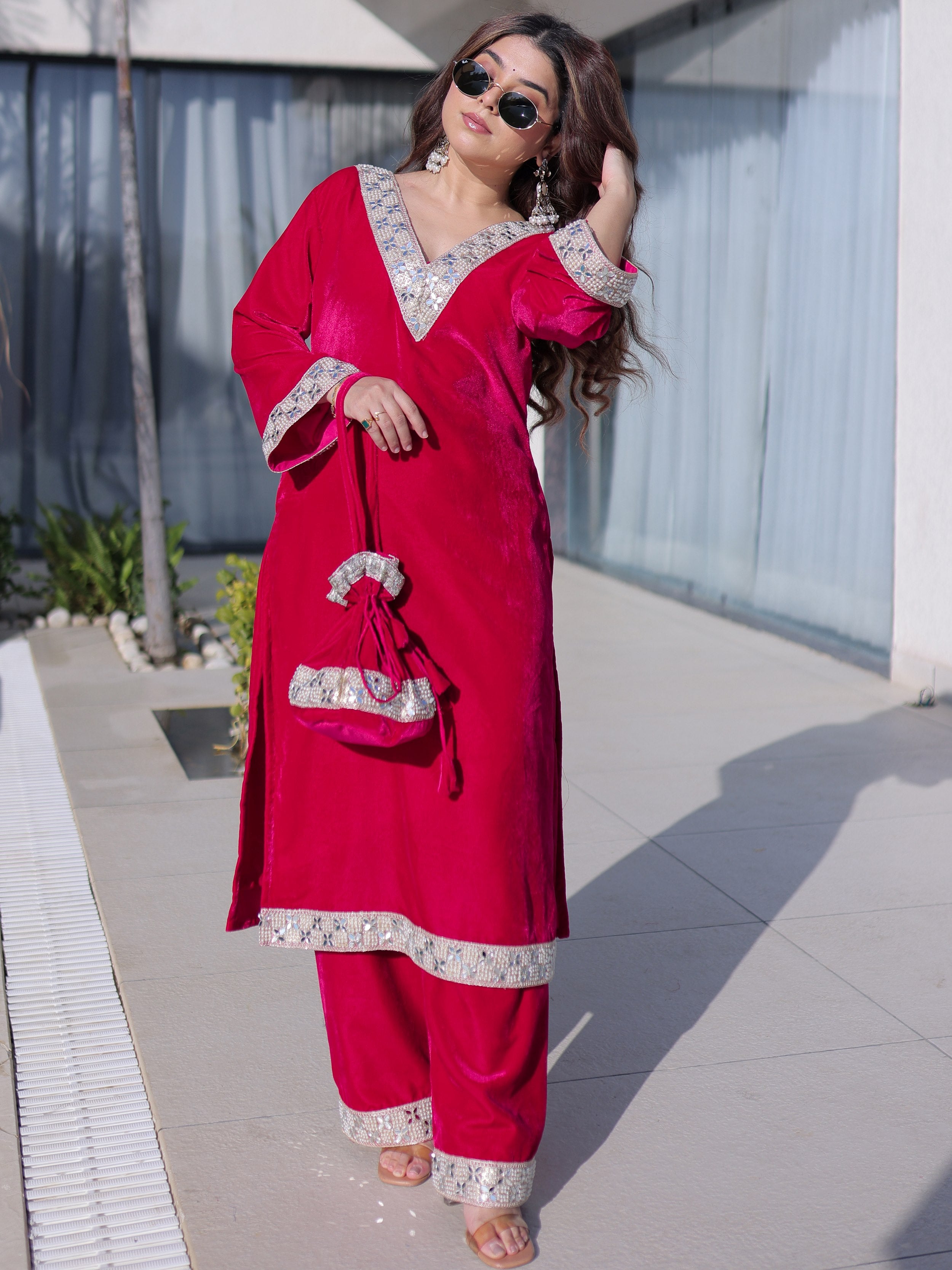 Impressive Pink Zari Embroidered Velvet Festival Wear Salwar Kameez