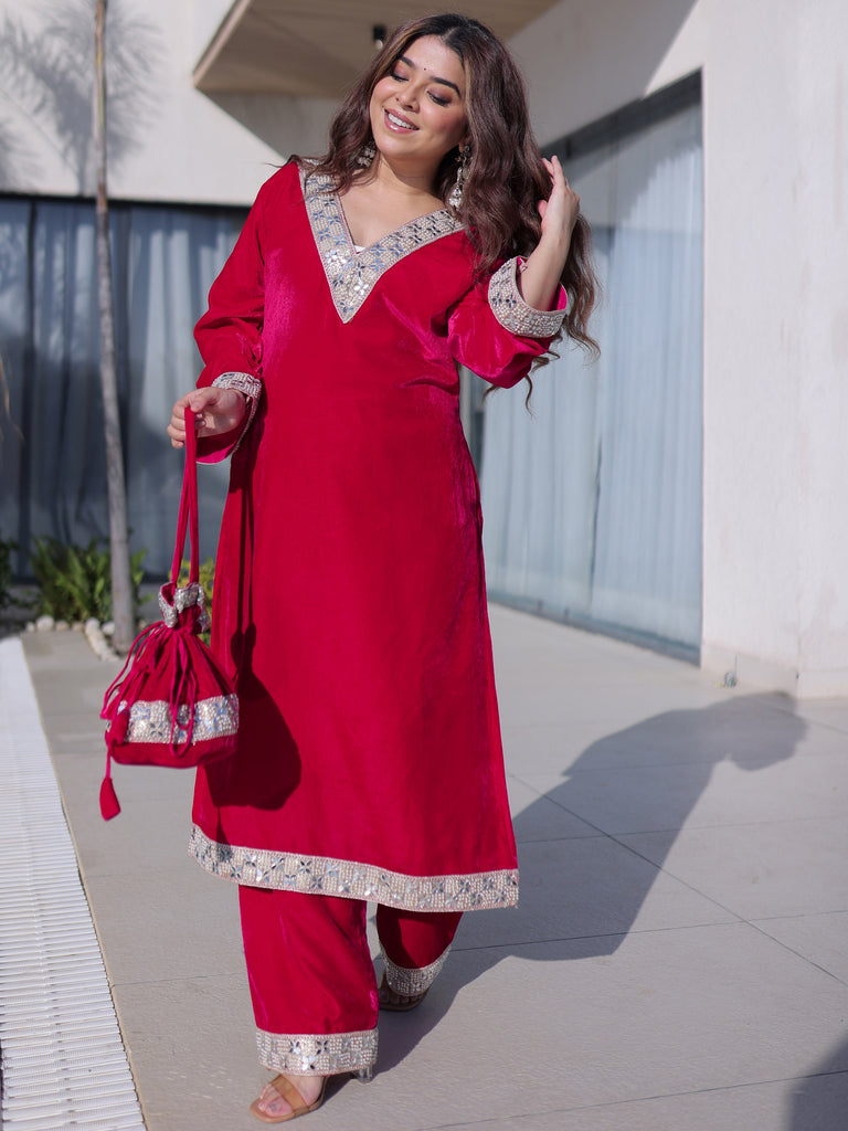 Impressive Pink Zari Embroidered Velvet Festival Wear Salwar Kameez