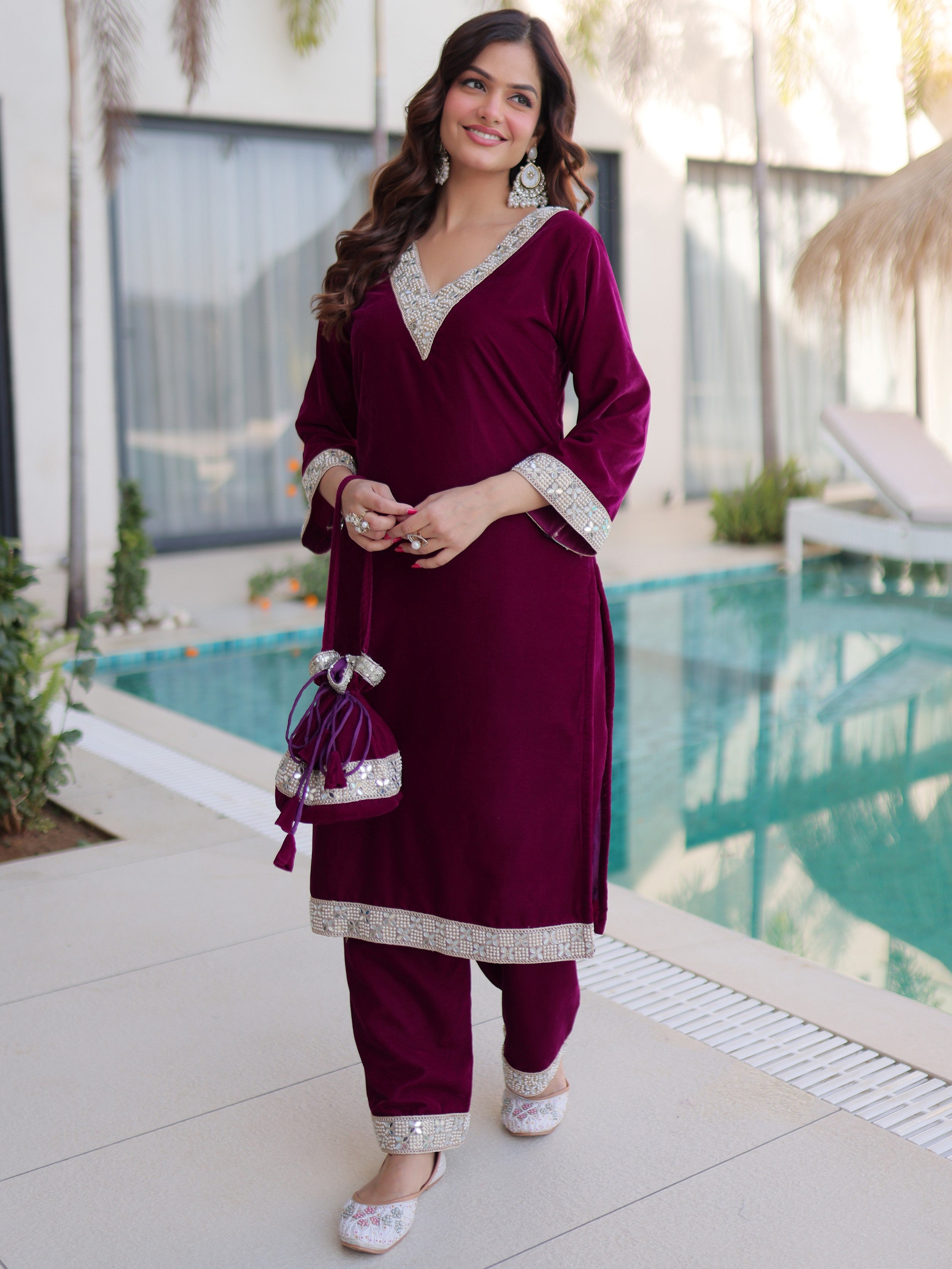 Stylish Wine Zari Embroidered Velvet Wedding Wear Salwar Kameez