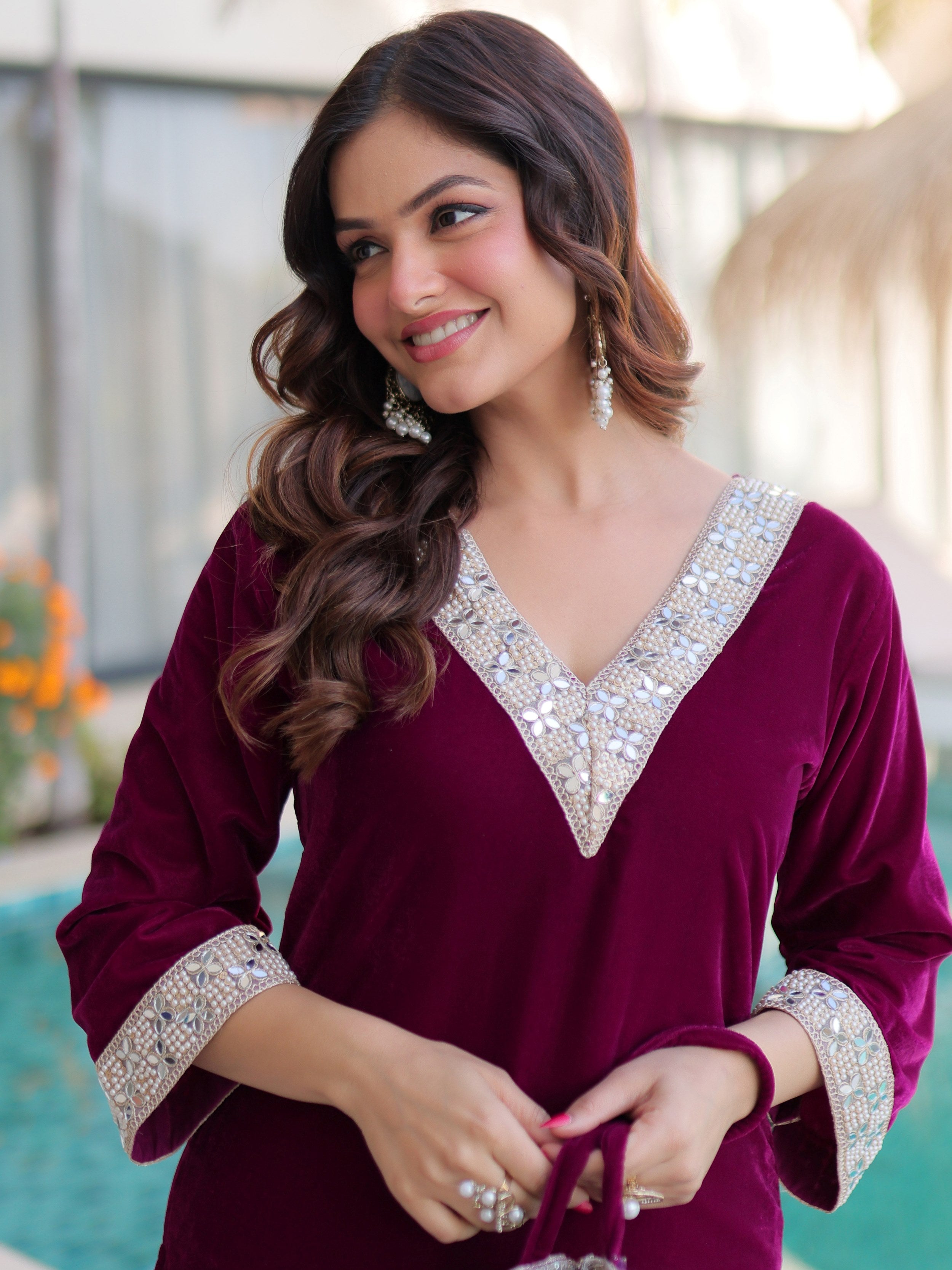 Stylish Wine Zari Embroidered Velvet Wedding Wear Salwar Kameez