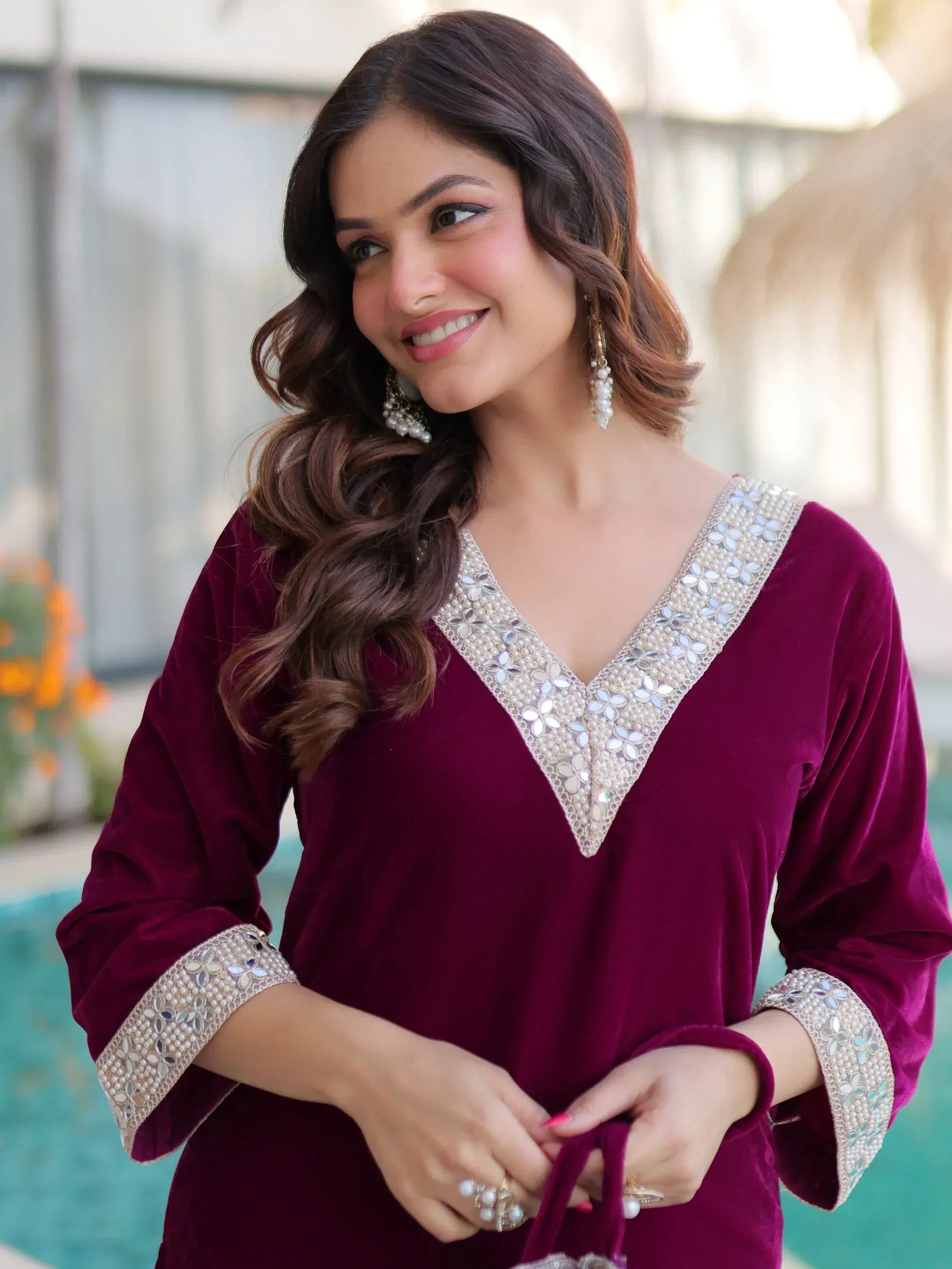 Stylish Wine Zari Embroidered Velvet Wedding Wear Salwar Kameez