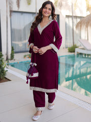 Stylish Wine Zari Embroidered Velvet Wedding Wear Salwar Kameez