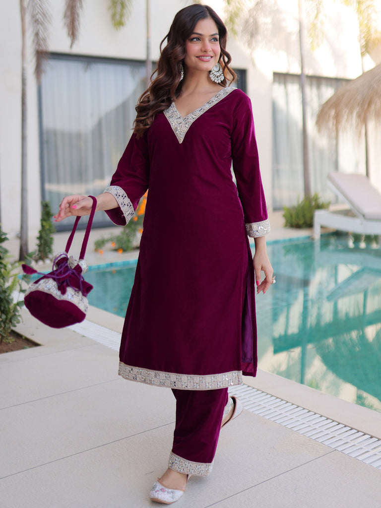 Stylish Wine Zari Embroidered Velvet Wedding Wear Salwar Kameez
