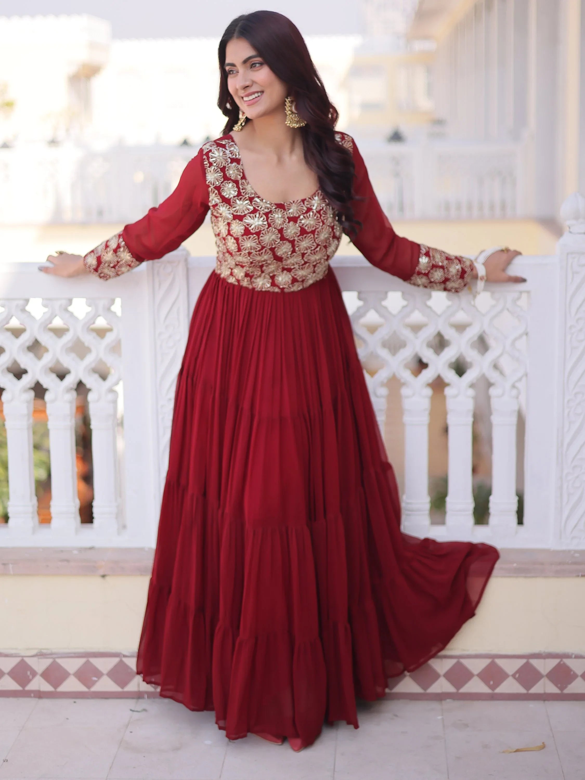 Marvelous Maroon Sequins Georgette Wedding Wear Gown